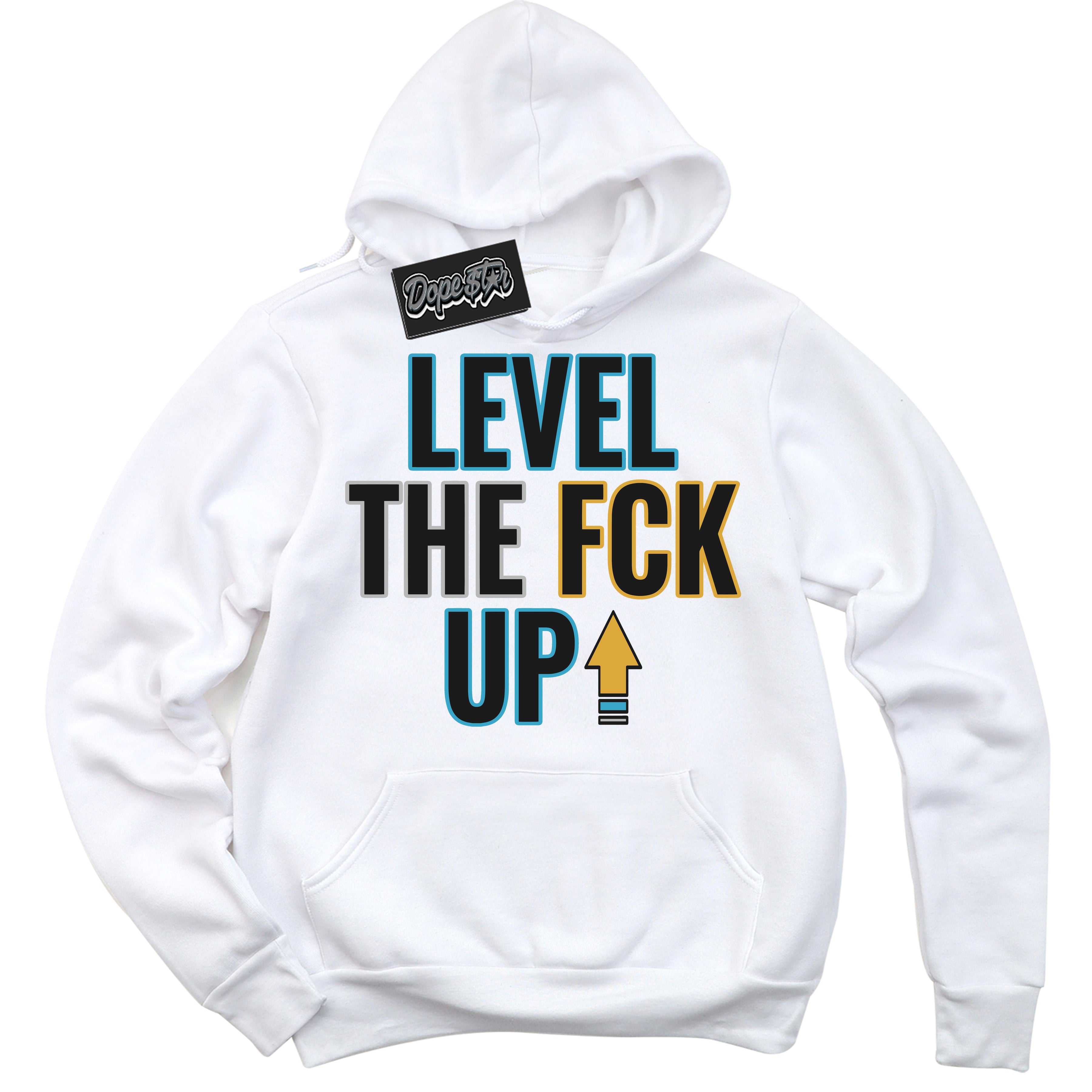 Cool White Hoodie with “ Level The Fck Up ”  design that Perfectly Matches Aqua 5s Sneakers.