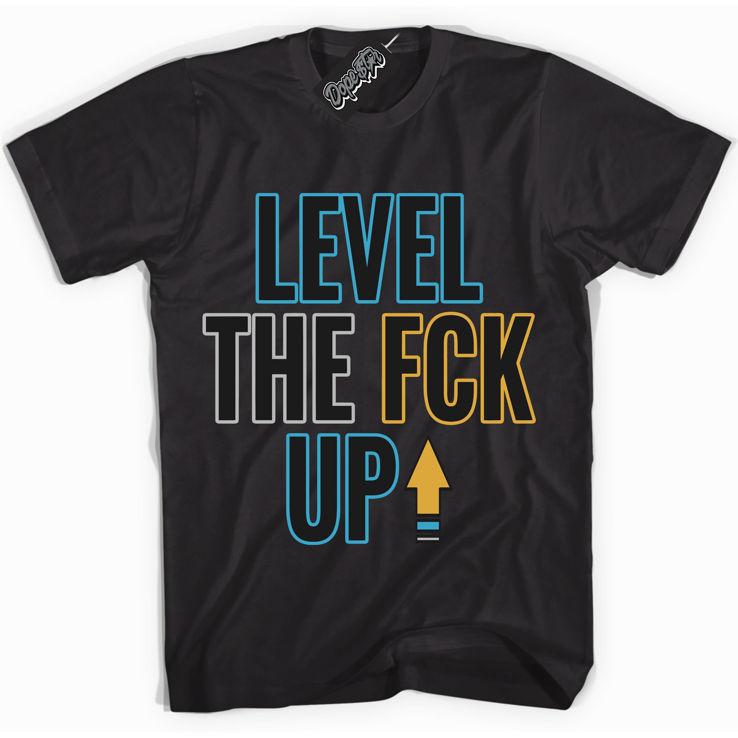 Cool Black Shirt with “ Level The Fck Up” design that perfectly matches Aqua 5s Sneakers.