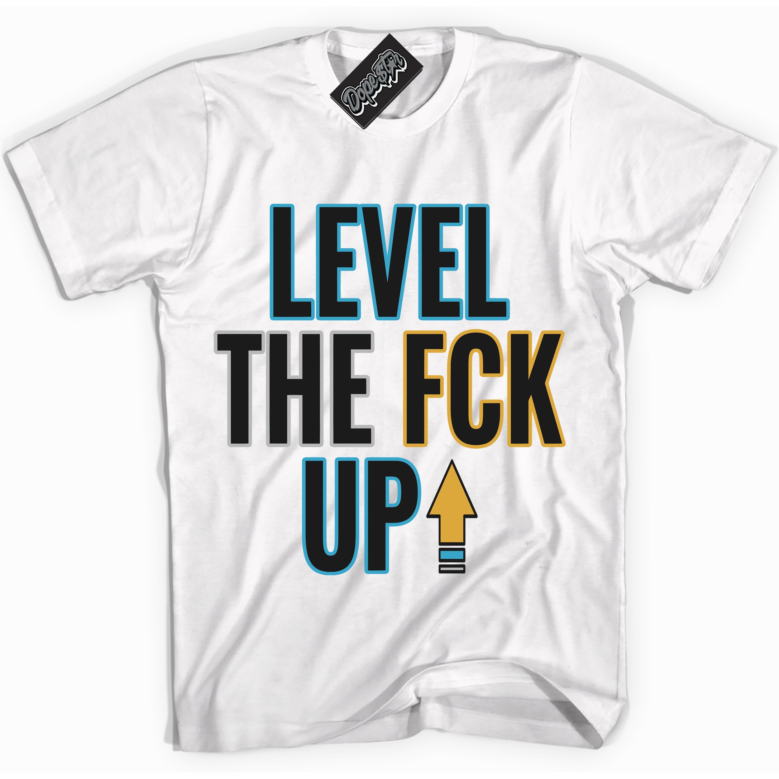 Cool White Shirt with “ Level The Fck Up” design that perfectly matches Aqua 5s Sneakers.