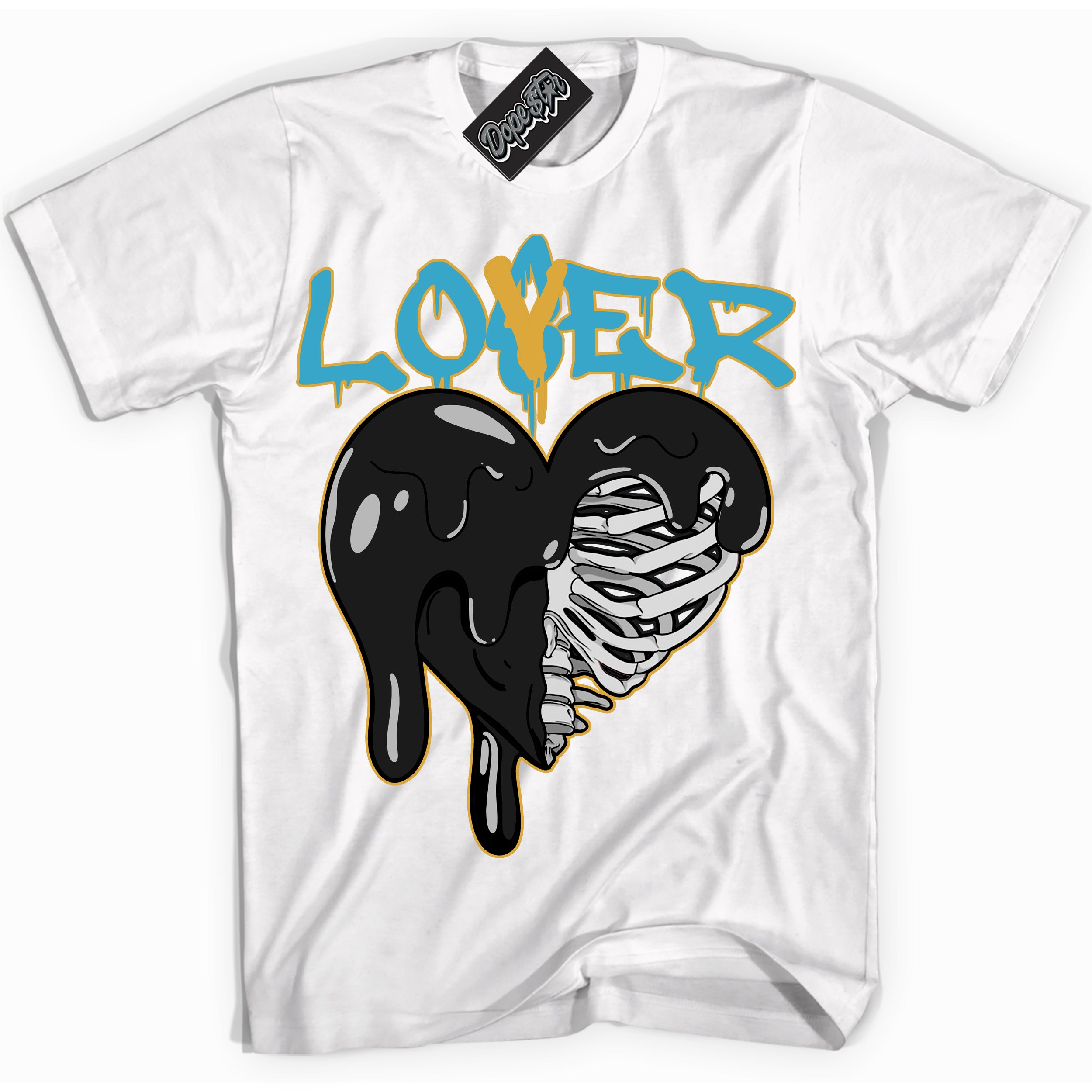 Cool White Shirt with “ Lover Loser” design that perfectly matches Aqua 5s Sneakers.