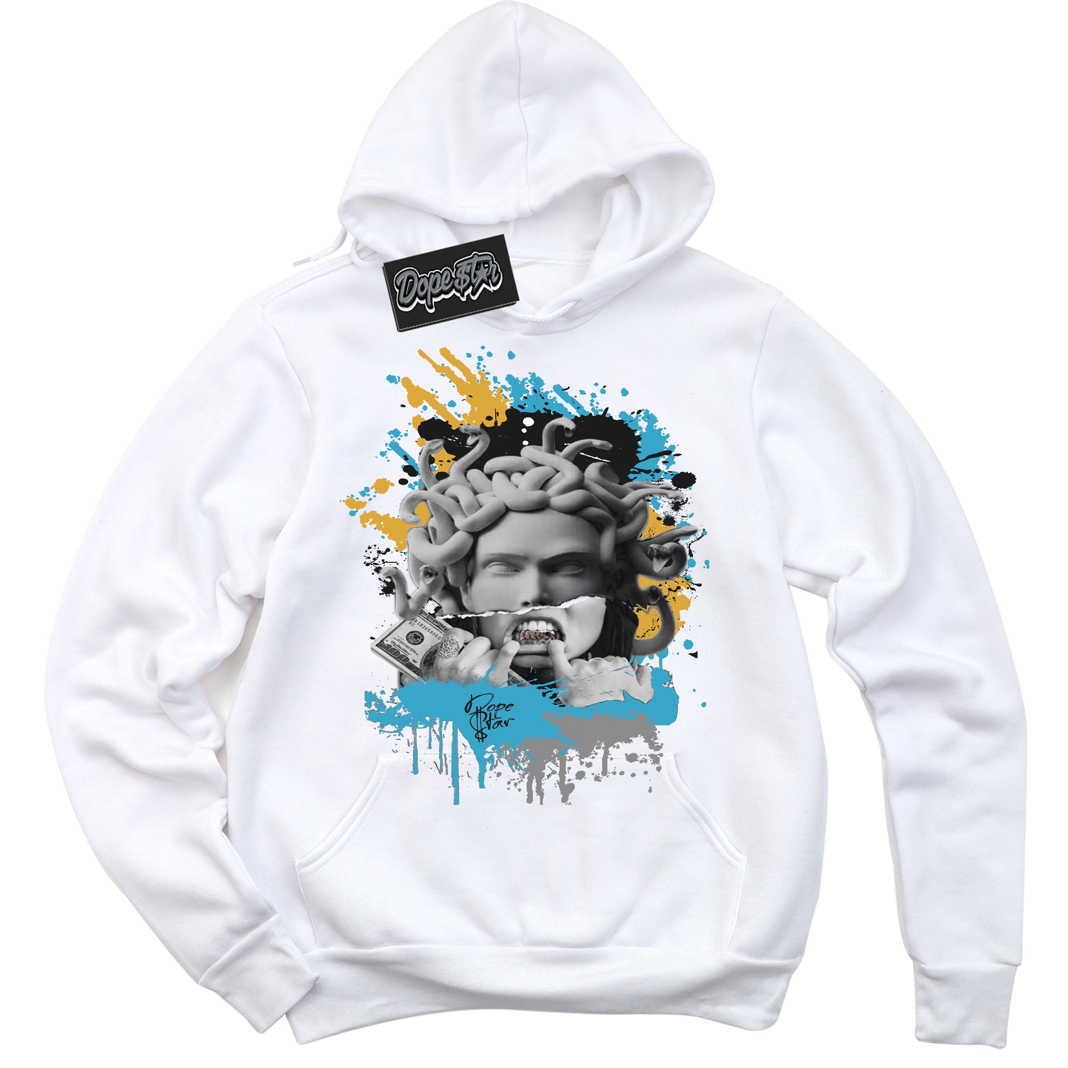 Cool White Hoodie with “ Medusa ”  design that Perfectly Matches Aqua 5s Sneakers.