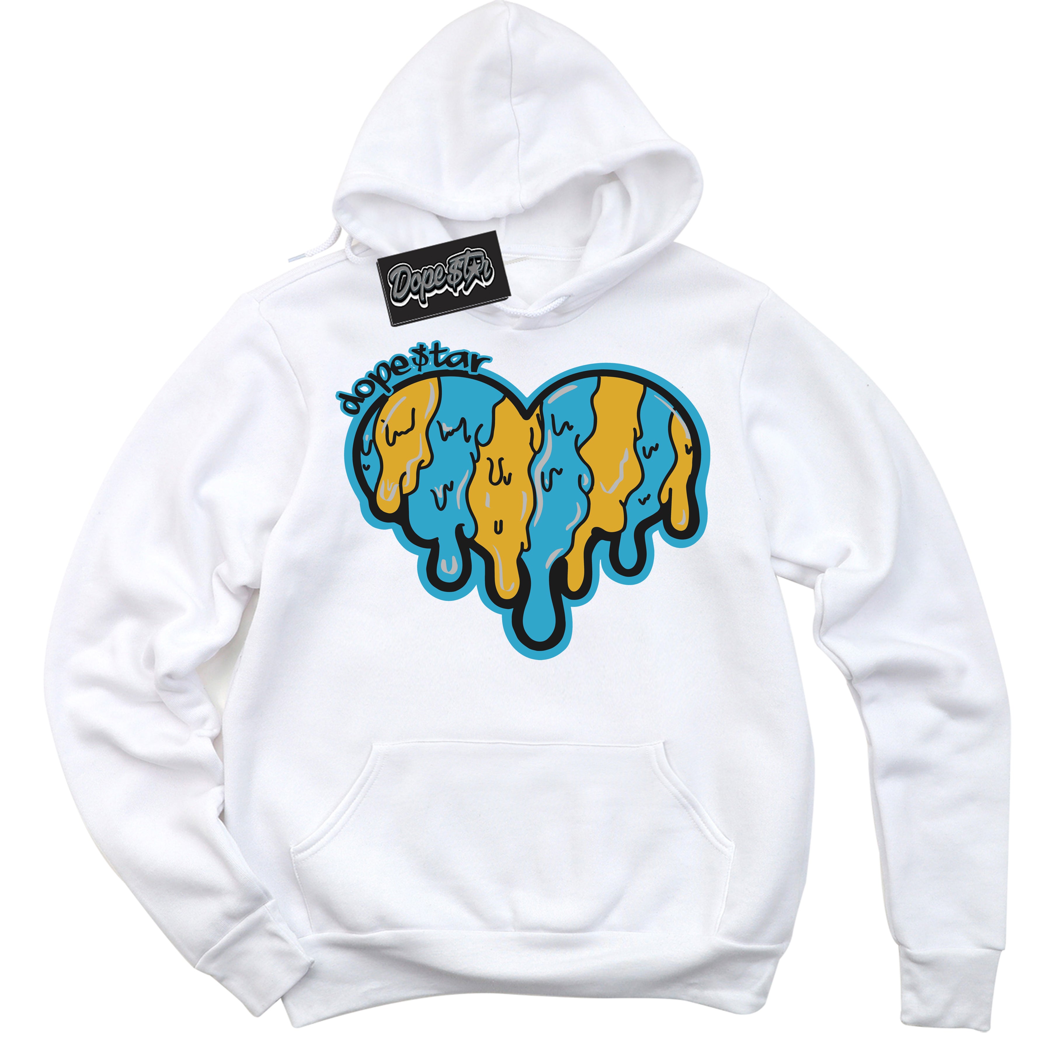 Cool White Hoodie with “ Melting Heart ”  design that Perfectly Matches Aqua 5s Sneakers.