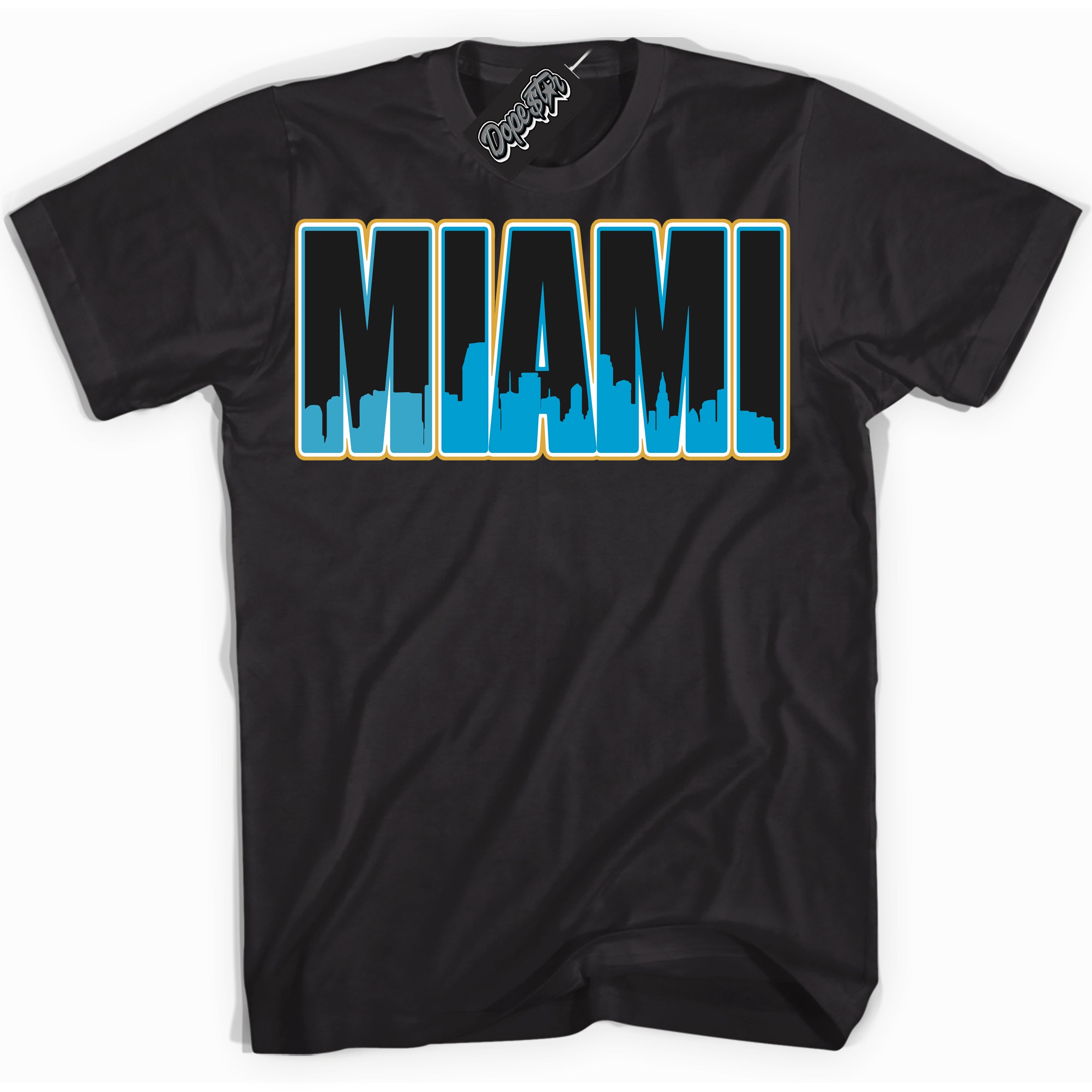 Cool Black Shirt with “ Miami” design that perfectly matches Aqua 5s Sneakers.