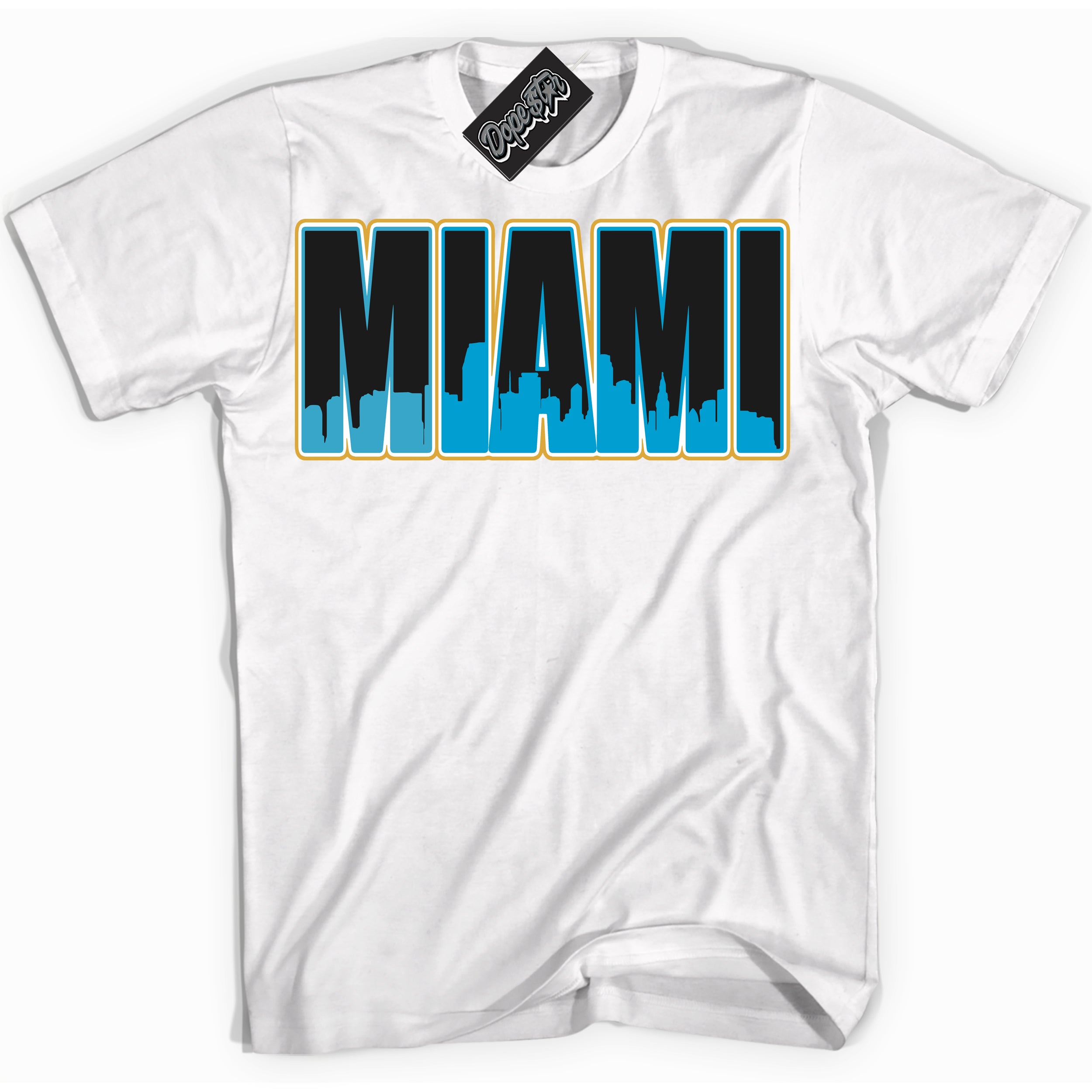 Cool White Shirt with “ Miami” design that perfectly matches Aqua 5s Sneakers.