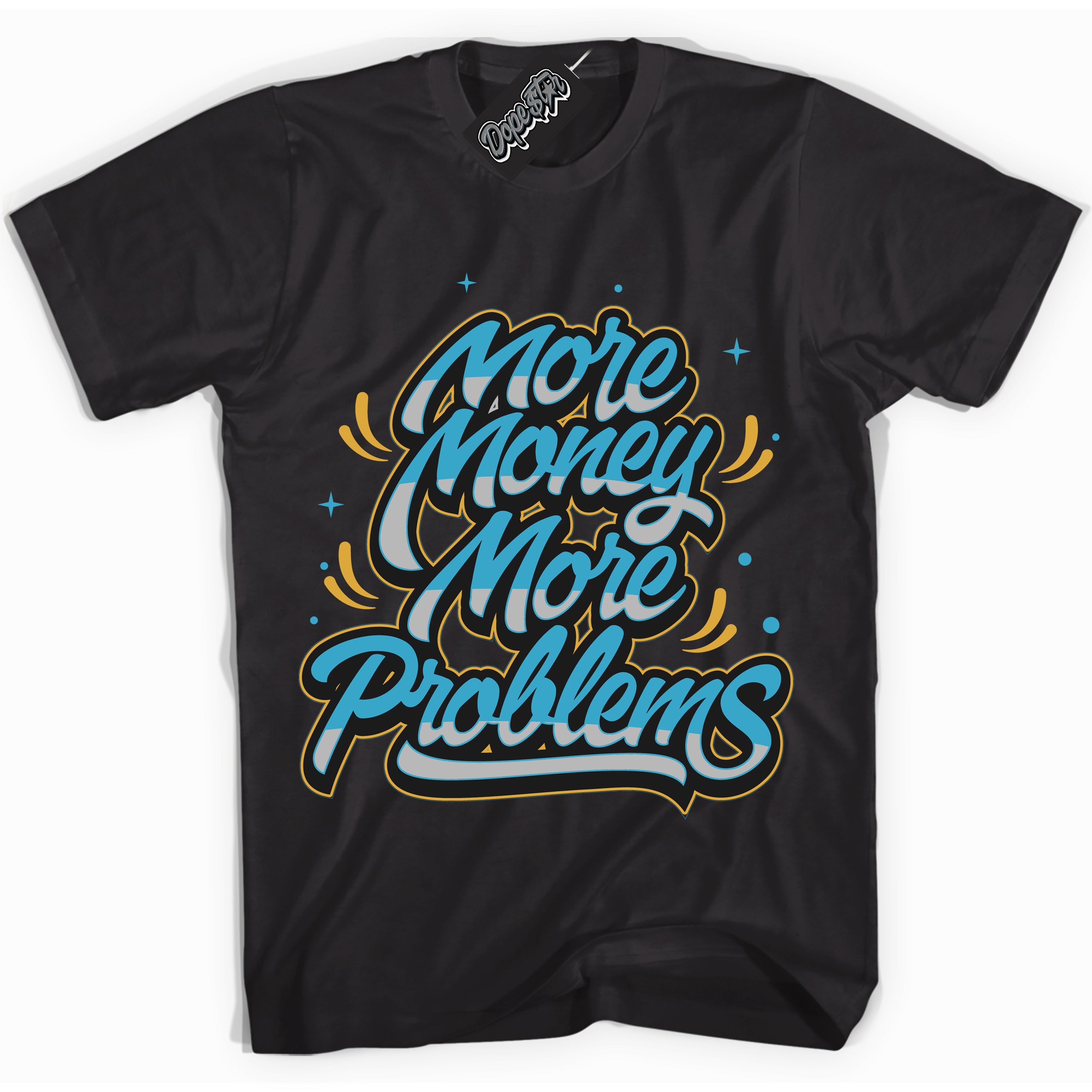 Cool Black Shirt with “ More Money More Problems” design that perfectly matches Aqua 5s Sneakers.