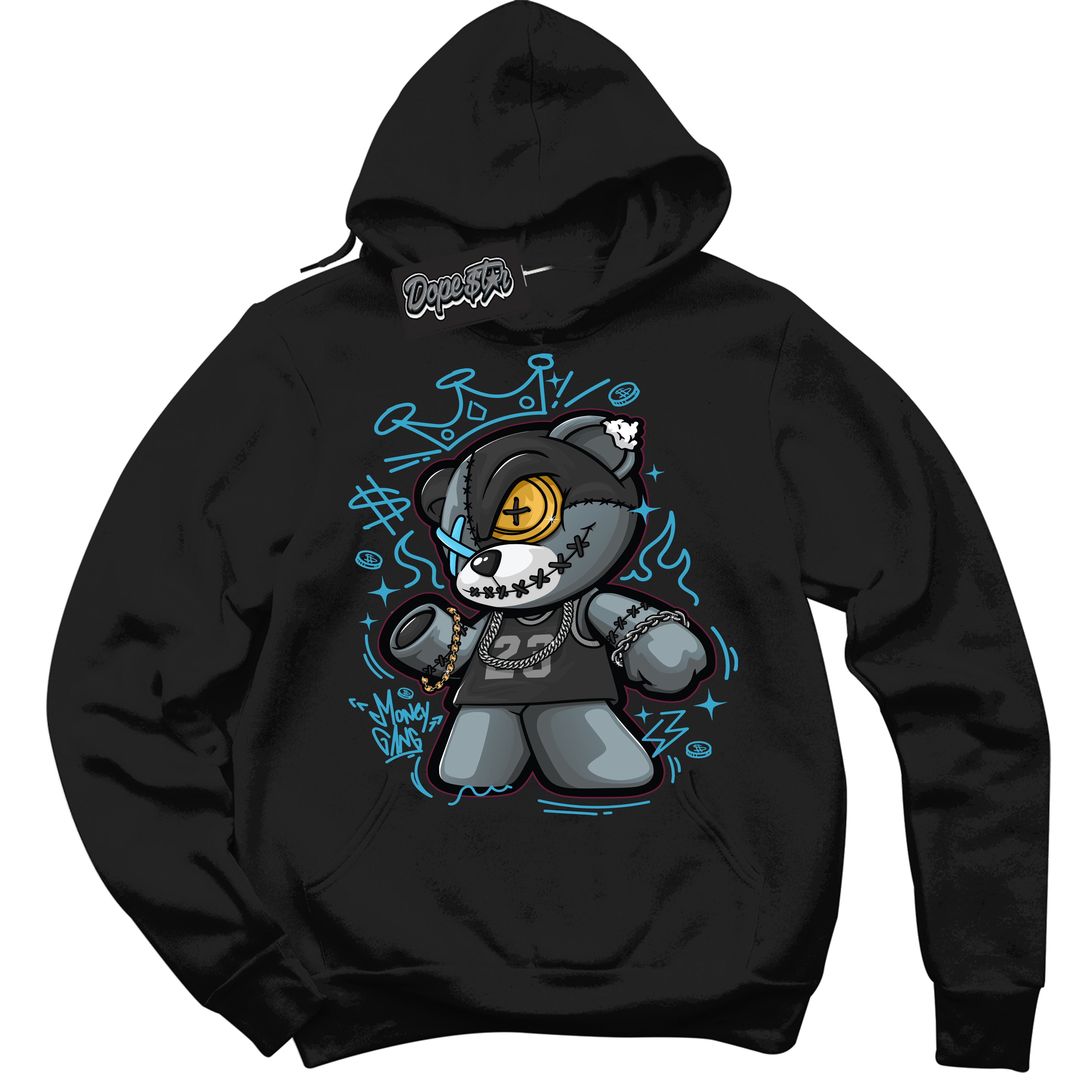 Cool Black Hoodie with “ Money Gang Bear ”  design that Perfectly Matches Aqua 5s Sneakers.