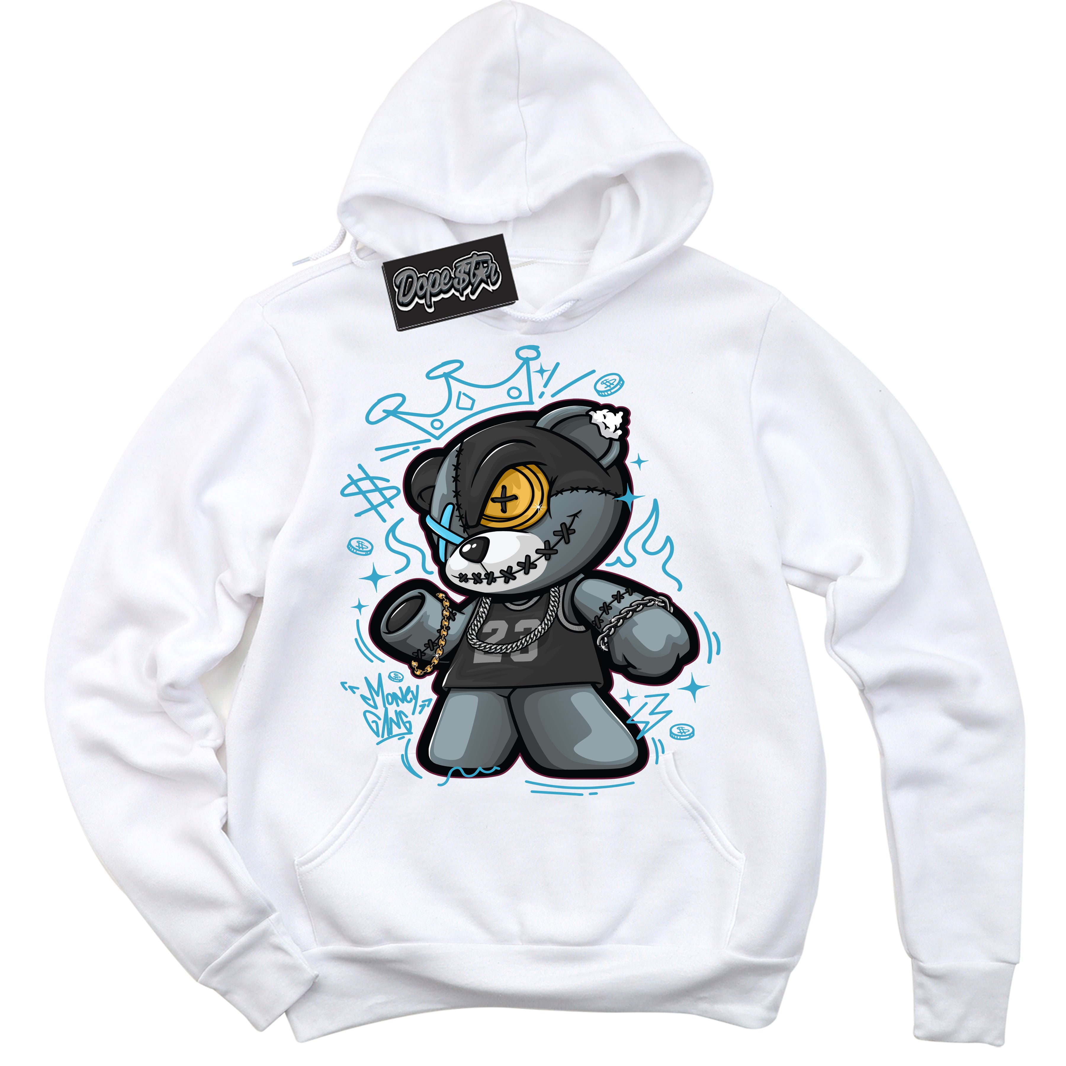 Cool White Hoodie with “ Money Gang Bear ”  design that Perfectly Matches Aqua 5s Sneakers.