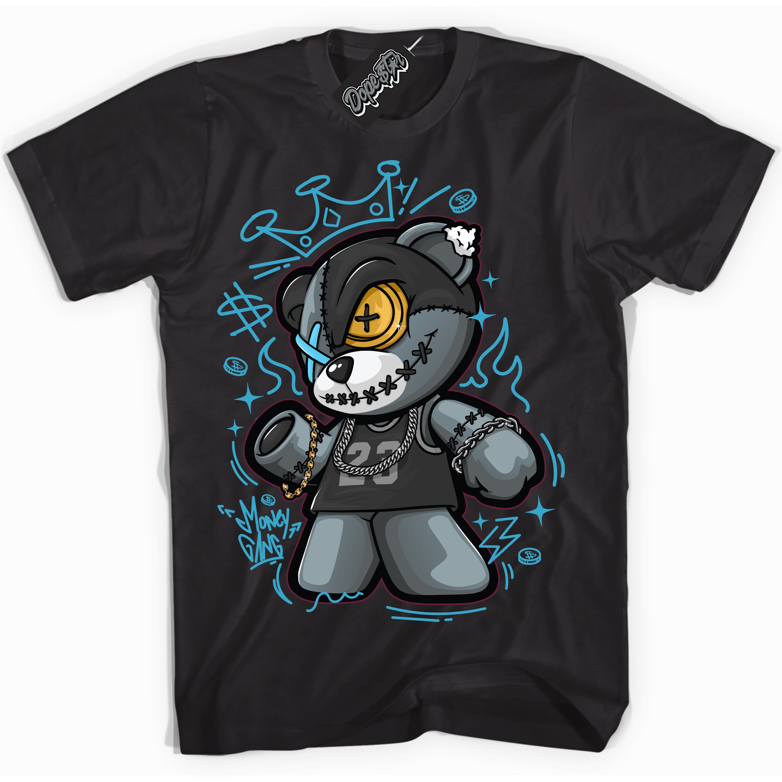 Cool Black Shirt with “ Money Gang Bear” design that perfectly matches Aqua 5s Sneakers.