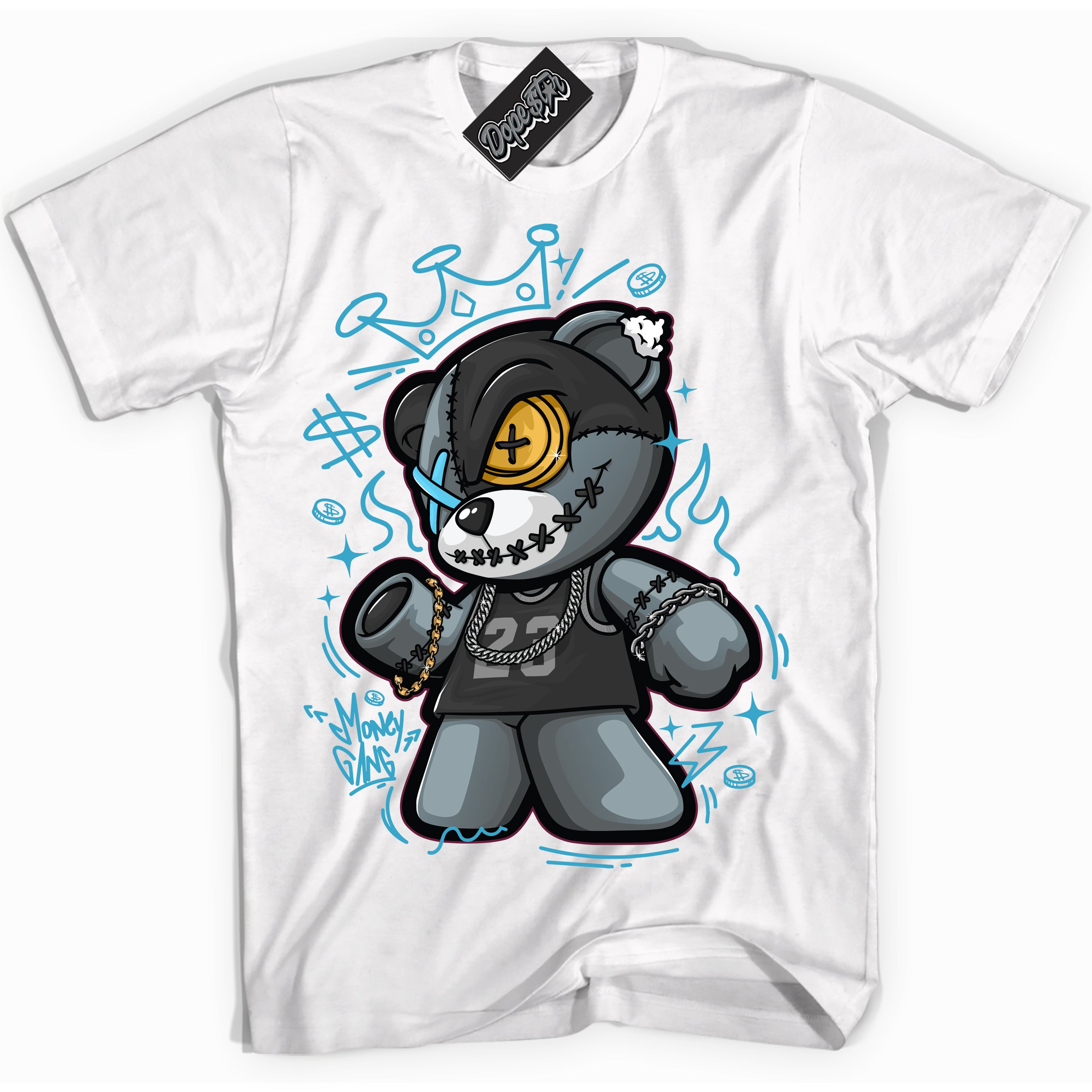 Cool White Shirt with “ Money Gang Bear” design that perfectly matches Aqua 5s Sneakers.