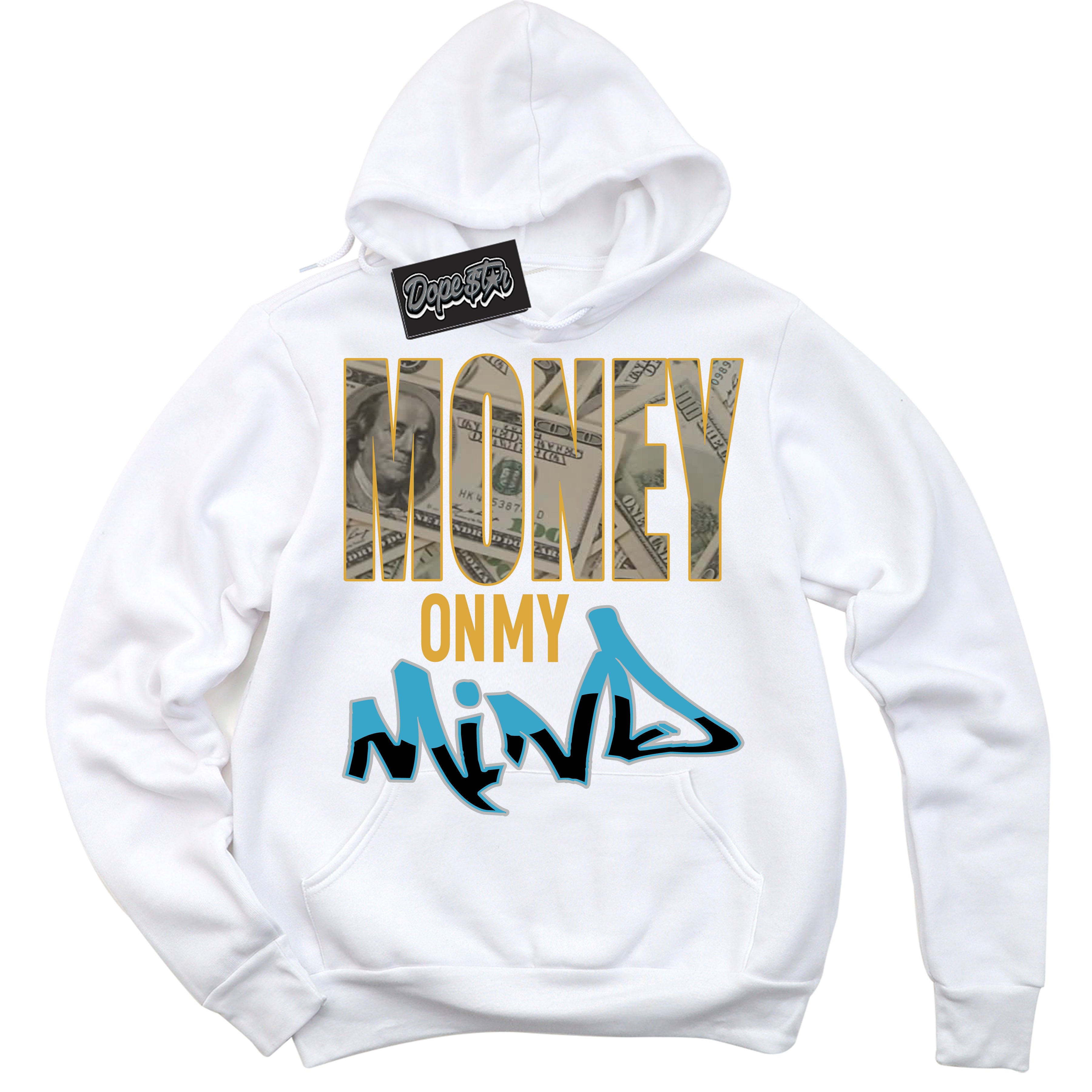 Cool White Hoodie with “ Money On My Mind ”  design that Perfectly Matches Aqua 5s Sneakers.