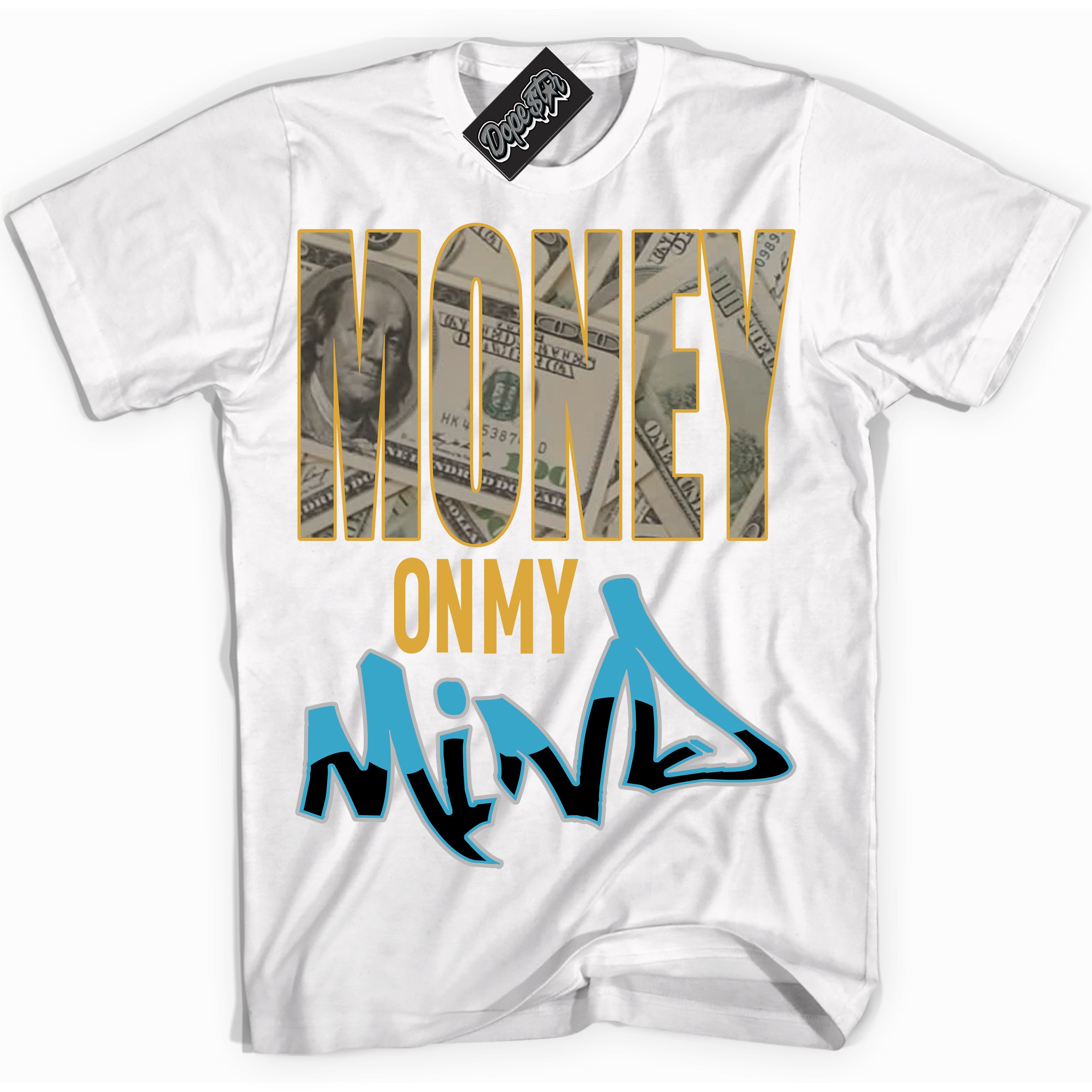 Cool White Shirt with “ Money On My Mind” design that perfectly matches Aqua 5s Sneakers.