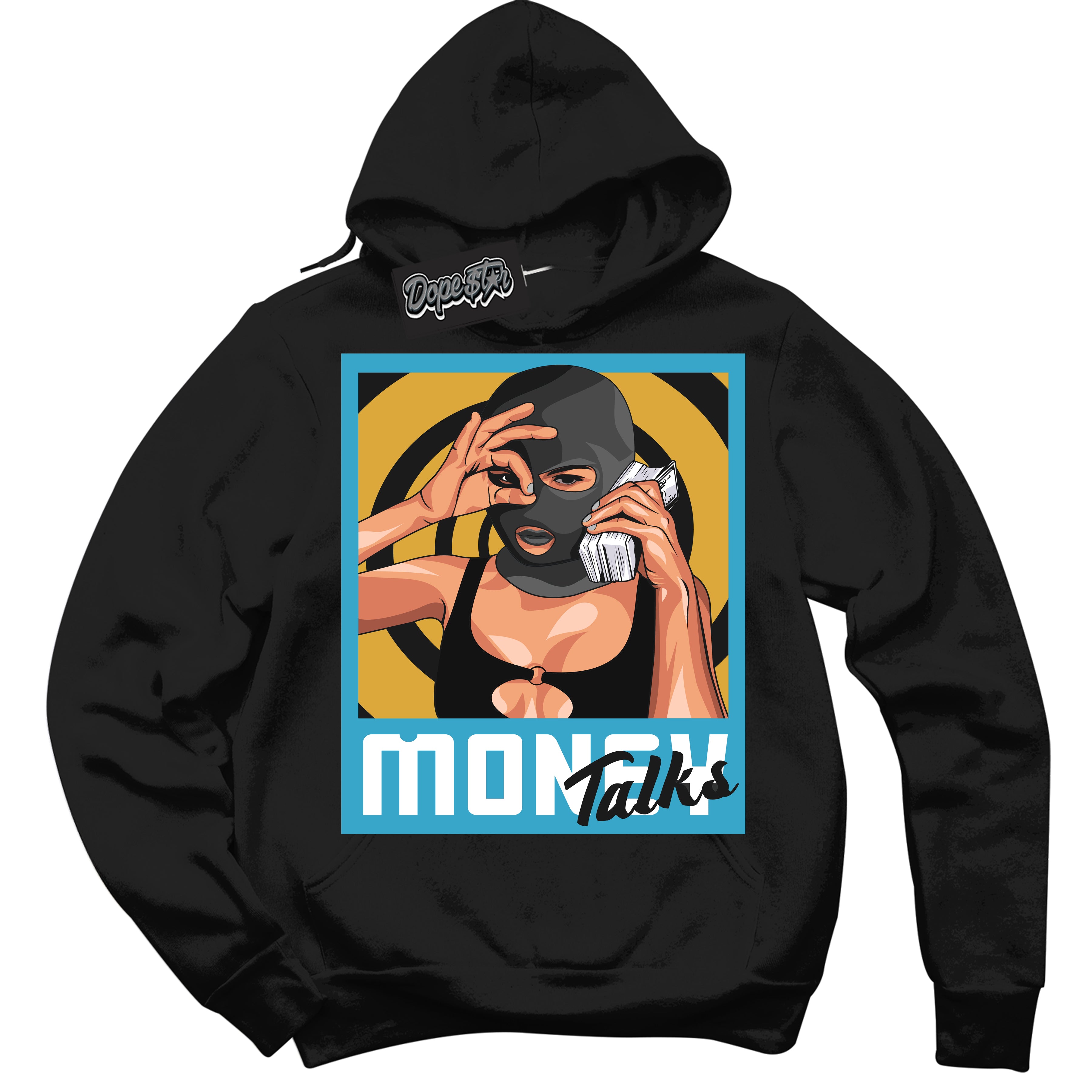 Cool Black Hoodie with “ Money Talks ”  design that Perfectly Matches Aqua 5s Sneakers.