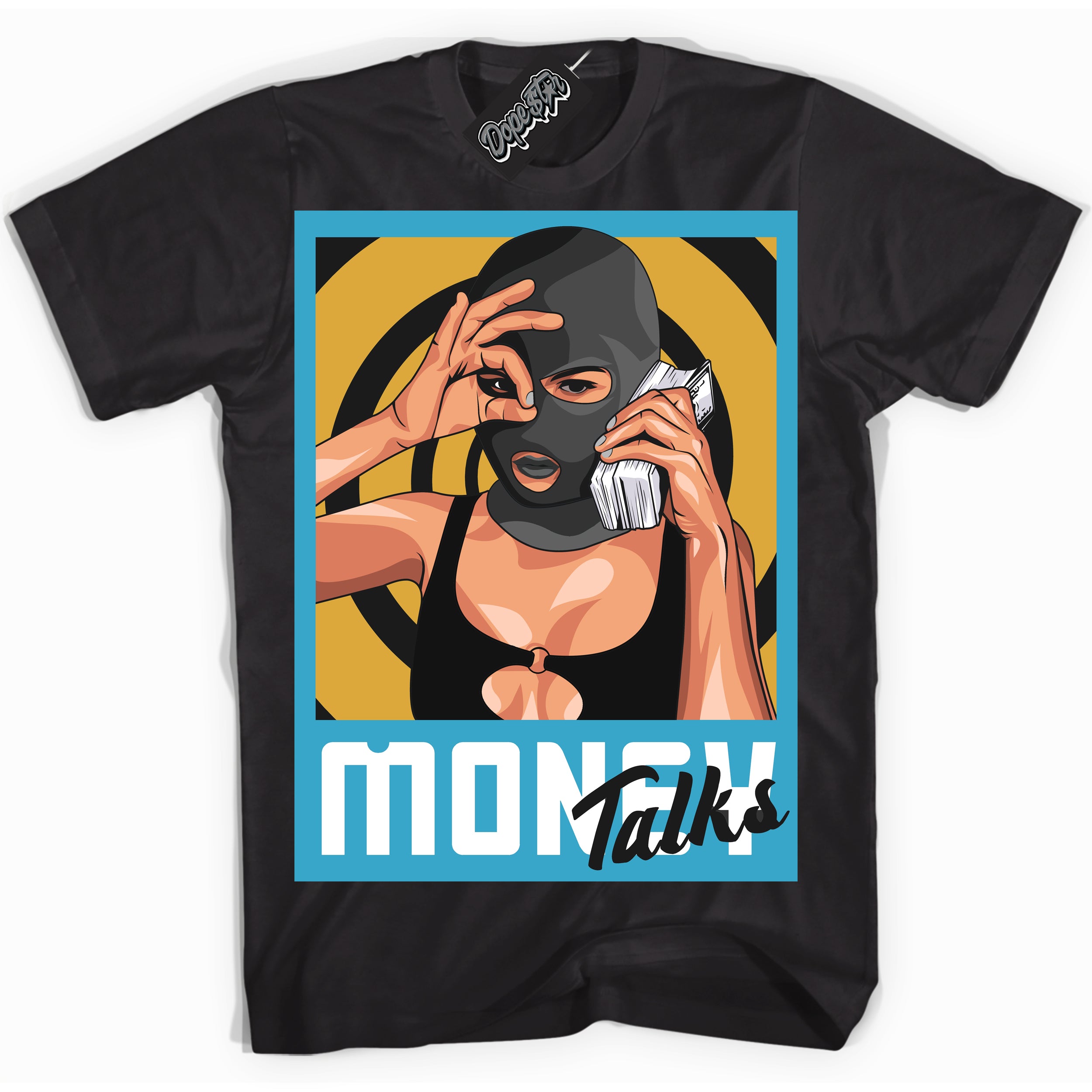 Cool Black Shirt with “ Money Talks” design that perfectly matches Aqua 5s Sneakers.