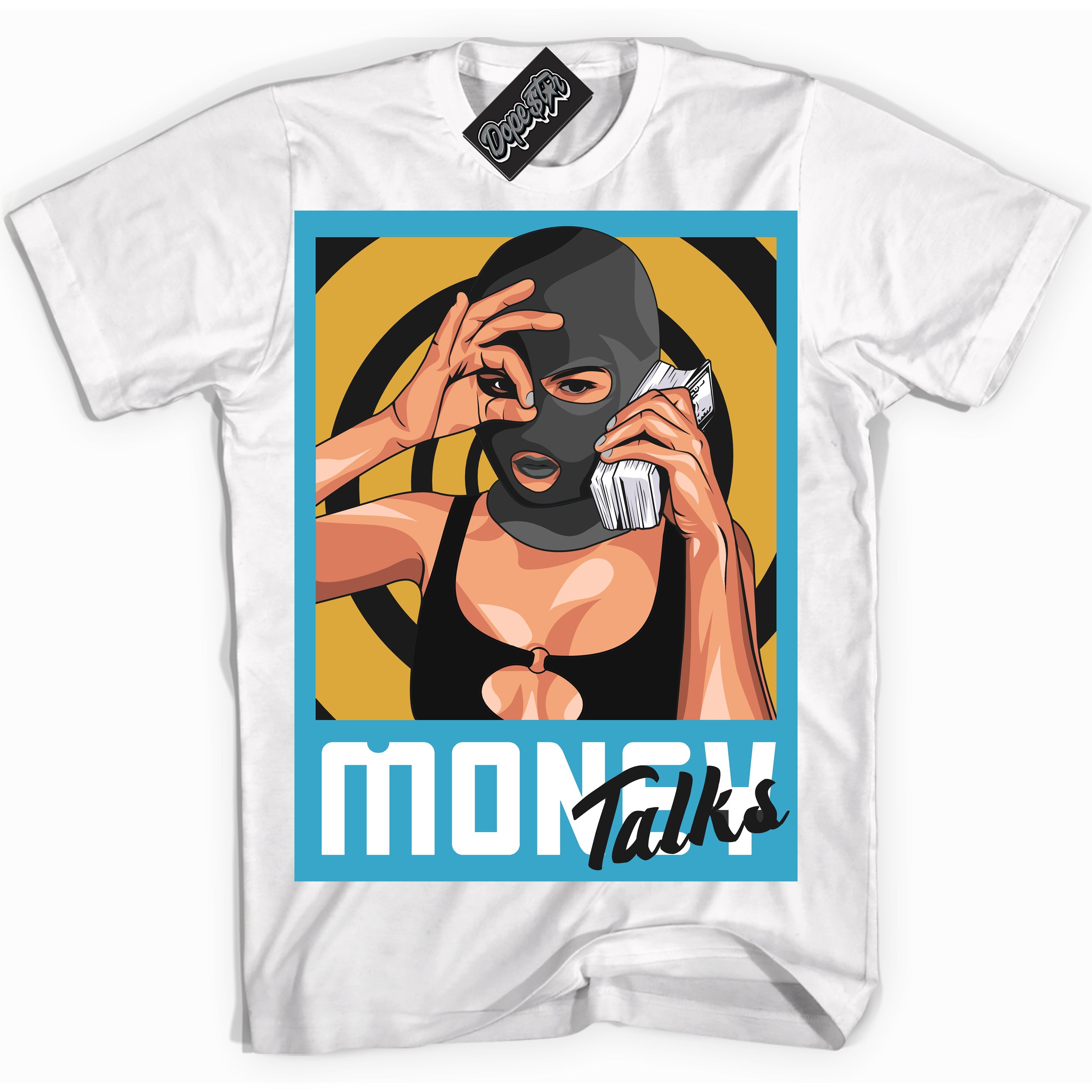 Cool White Shirt with “ Money Talks” design that perfectly matches Aqua 5s Sneakers.