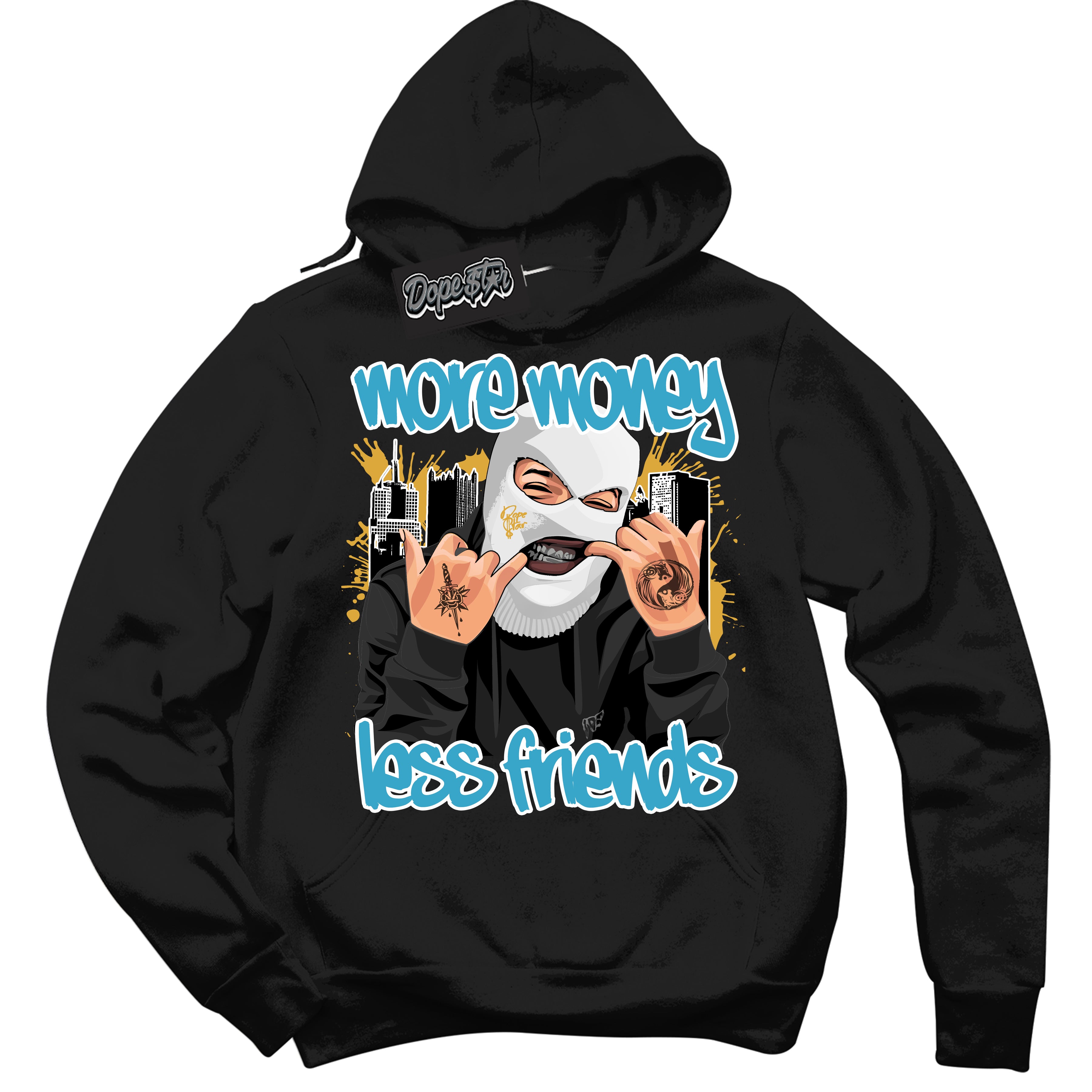 Cool Black Hoodie with “ More Money Less Friends ”  design that Perfectly Matches Aqua 5s Sneakers.