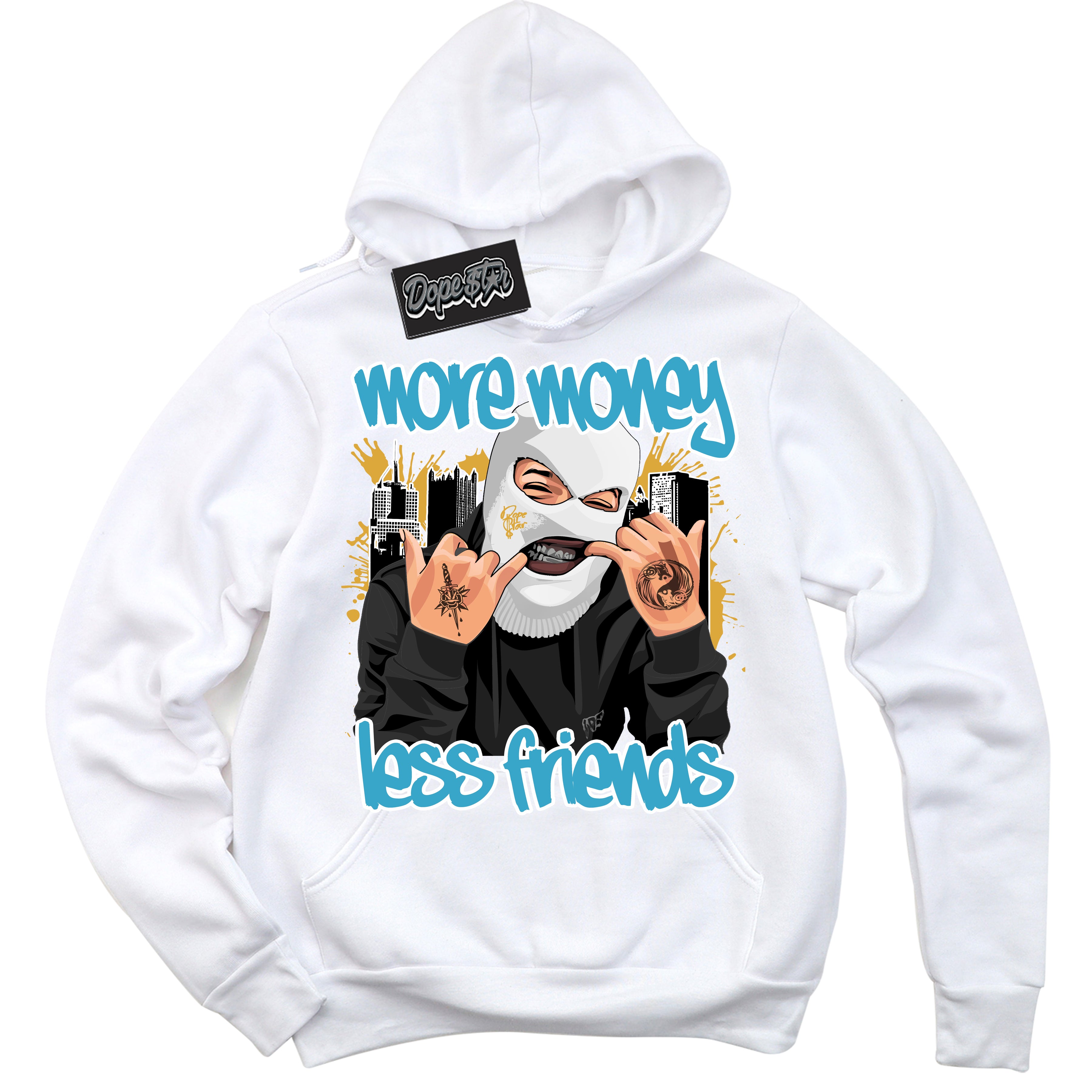 Cool White Hoodie with “ More Money Less Friends ”  design that Perfectly Matches Aqua 5s Sneakers.