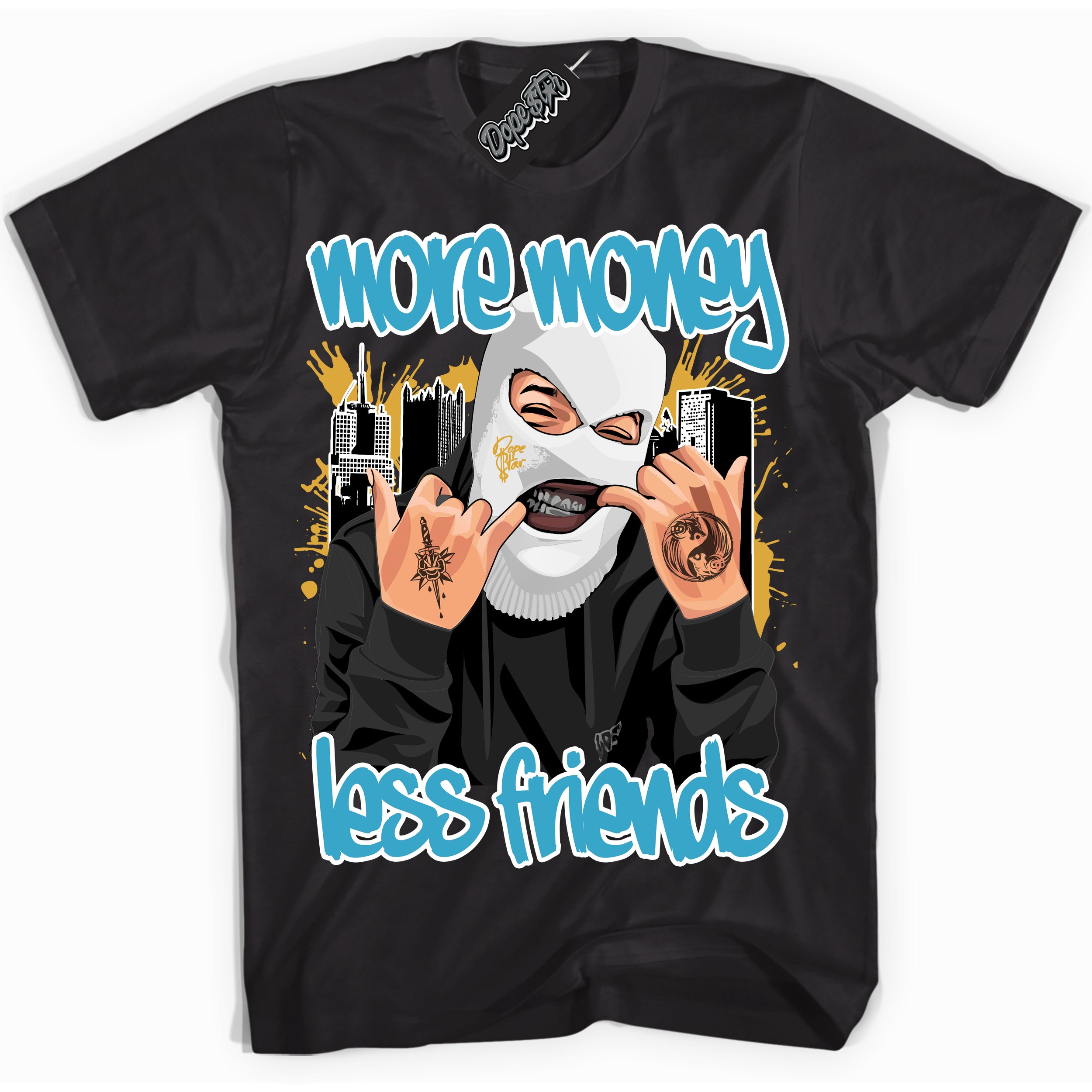 Cool Black Shirt with “ More Money Less Friends” design that perfectly matches Aqua 5s Sneakers.