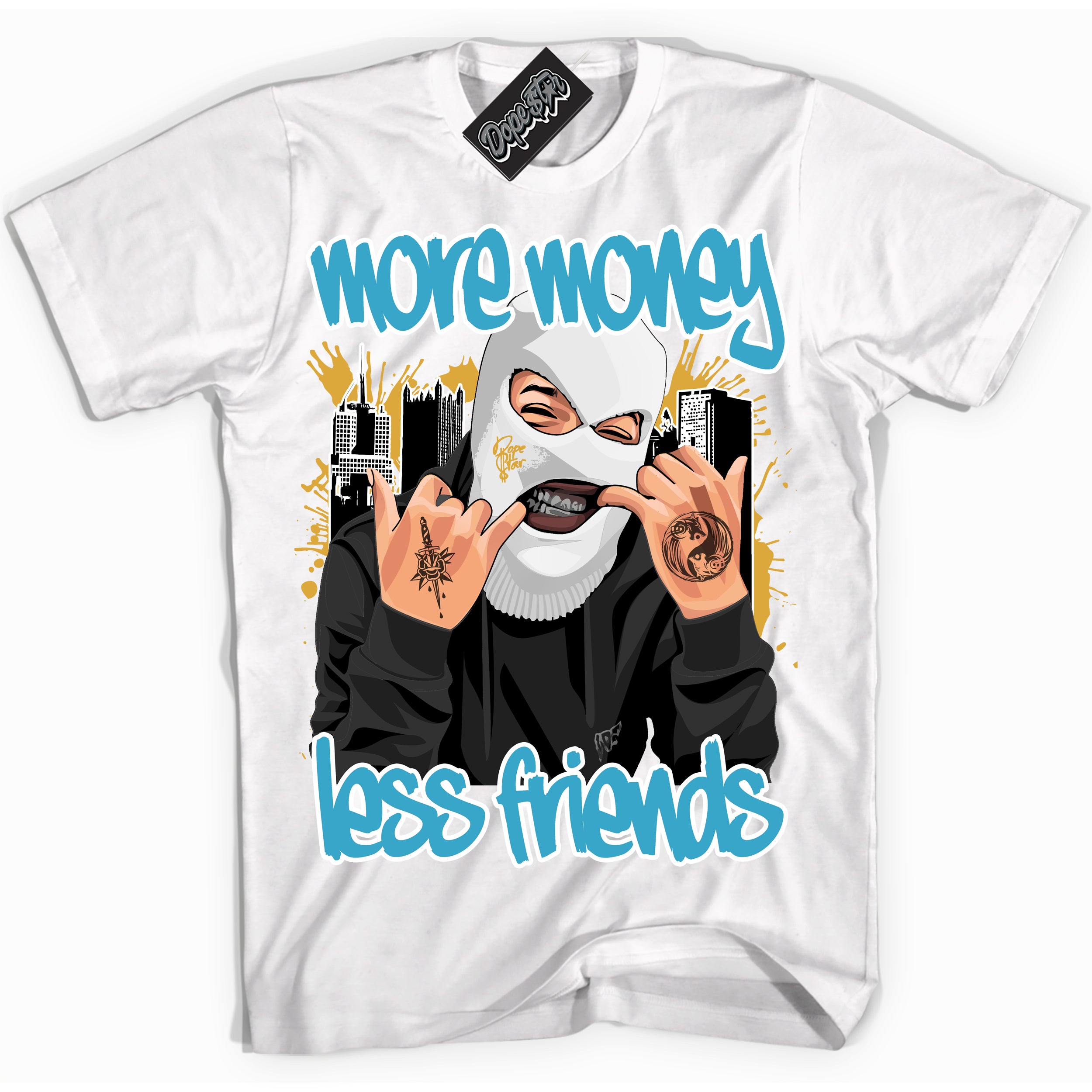 Cool White Shirt with “ More Money Less Friends” design that perfectly matches Aqua 5s Sneakers.
