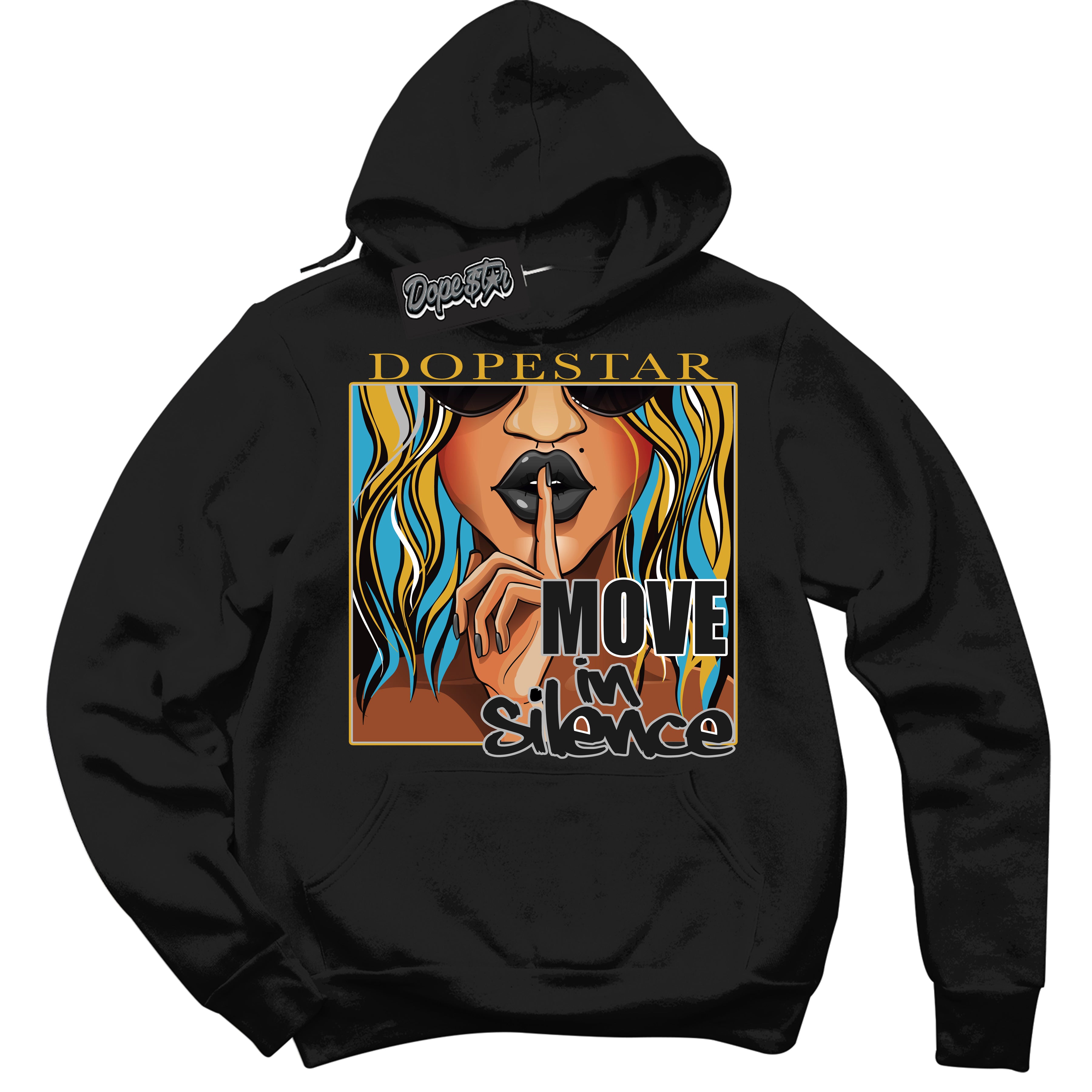 Cool Black Hoodie with “ Move In Silence ”  design that Perfectly Matches Aqua 5s Sneakers.