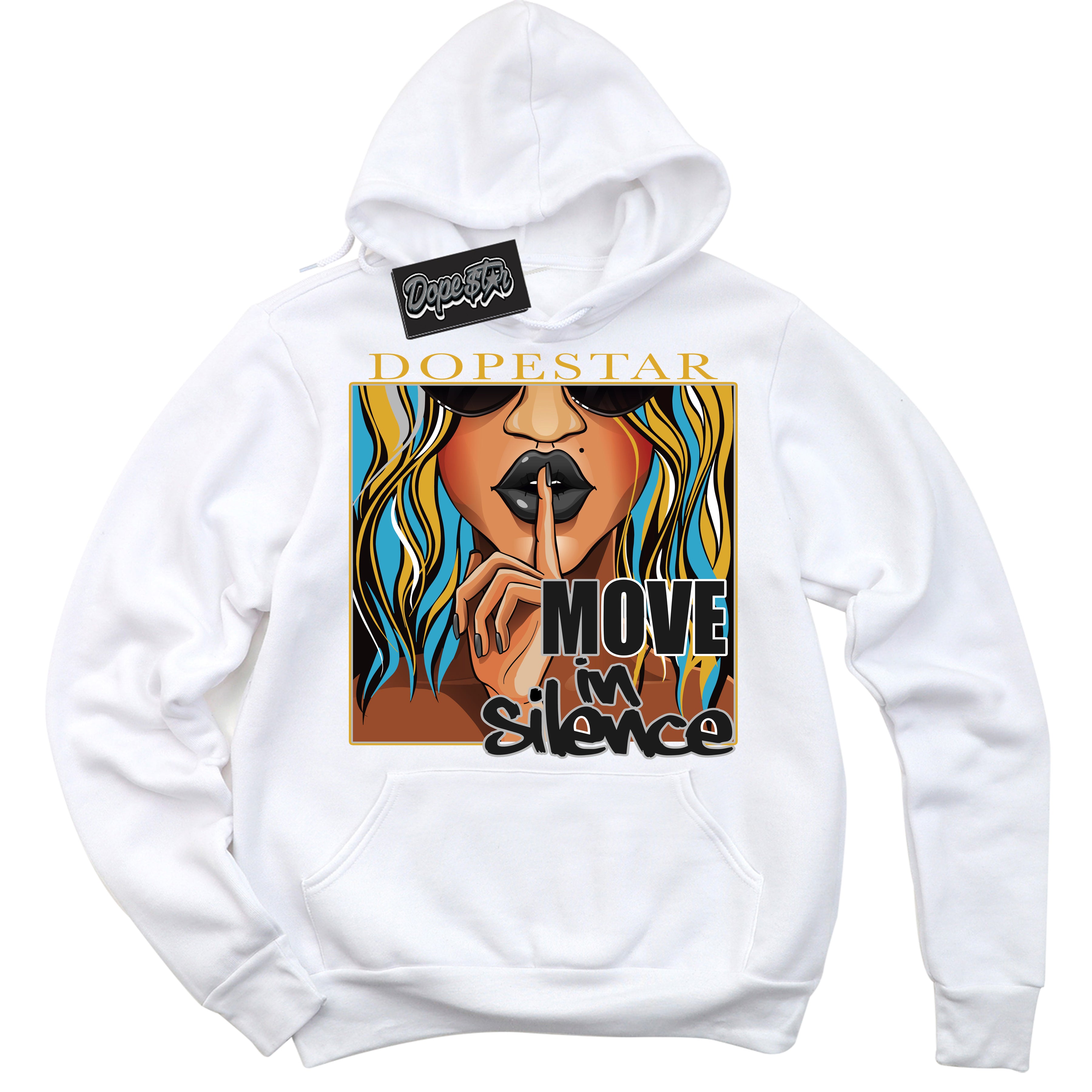 Cool White Hoodie with “ Move In Silence ”  design that Perfectly Matches Aqua 5s Sneakers.