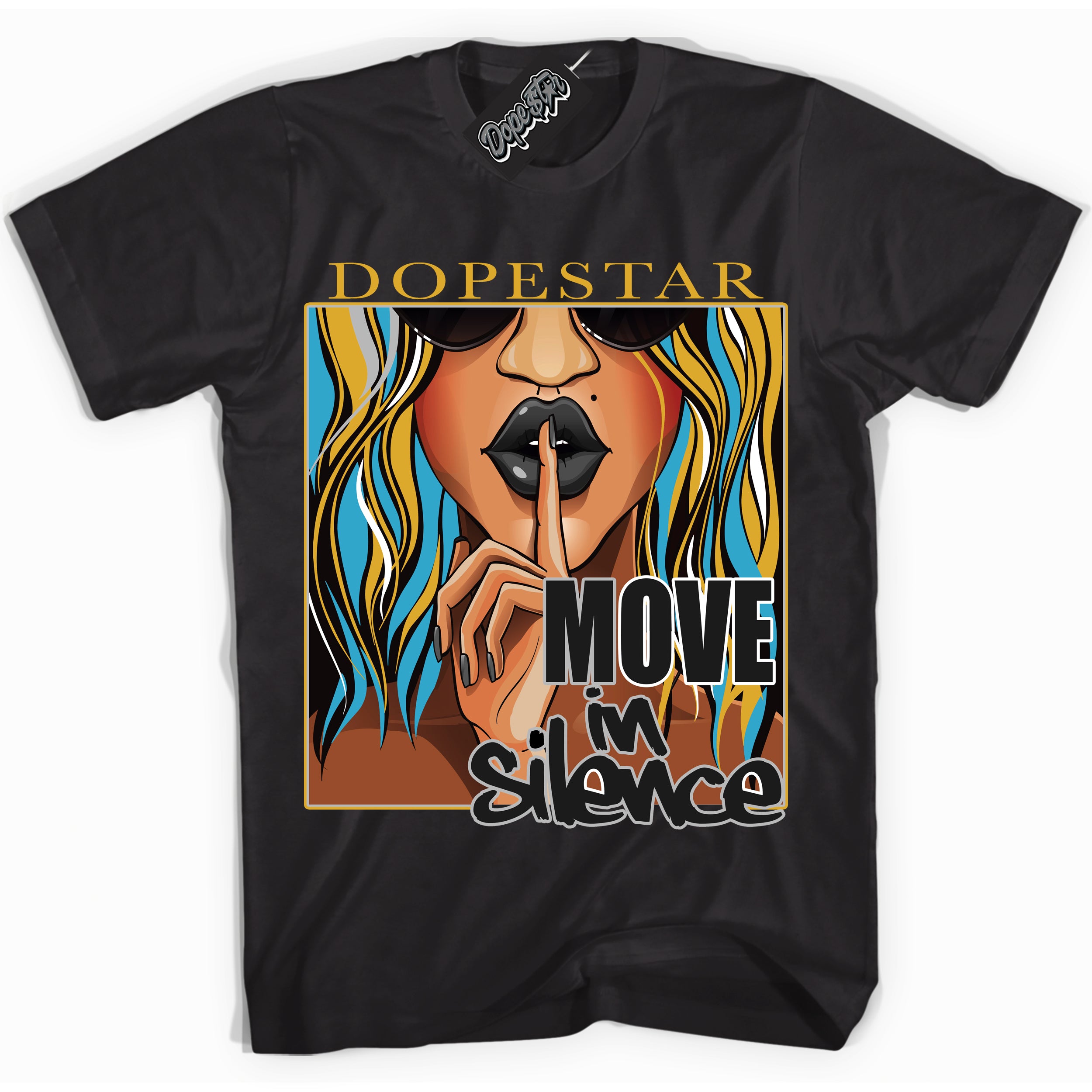 Cool Black graphic tee with “ Move In Silence ” print, that perfectly matches AQUA 5s sneakers 
