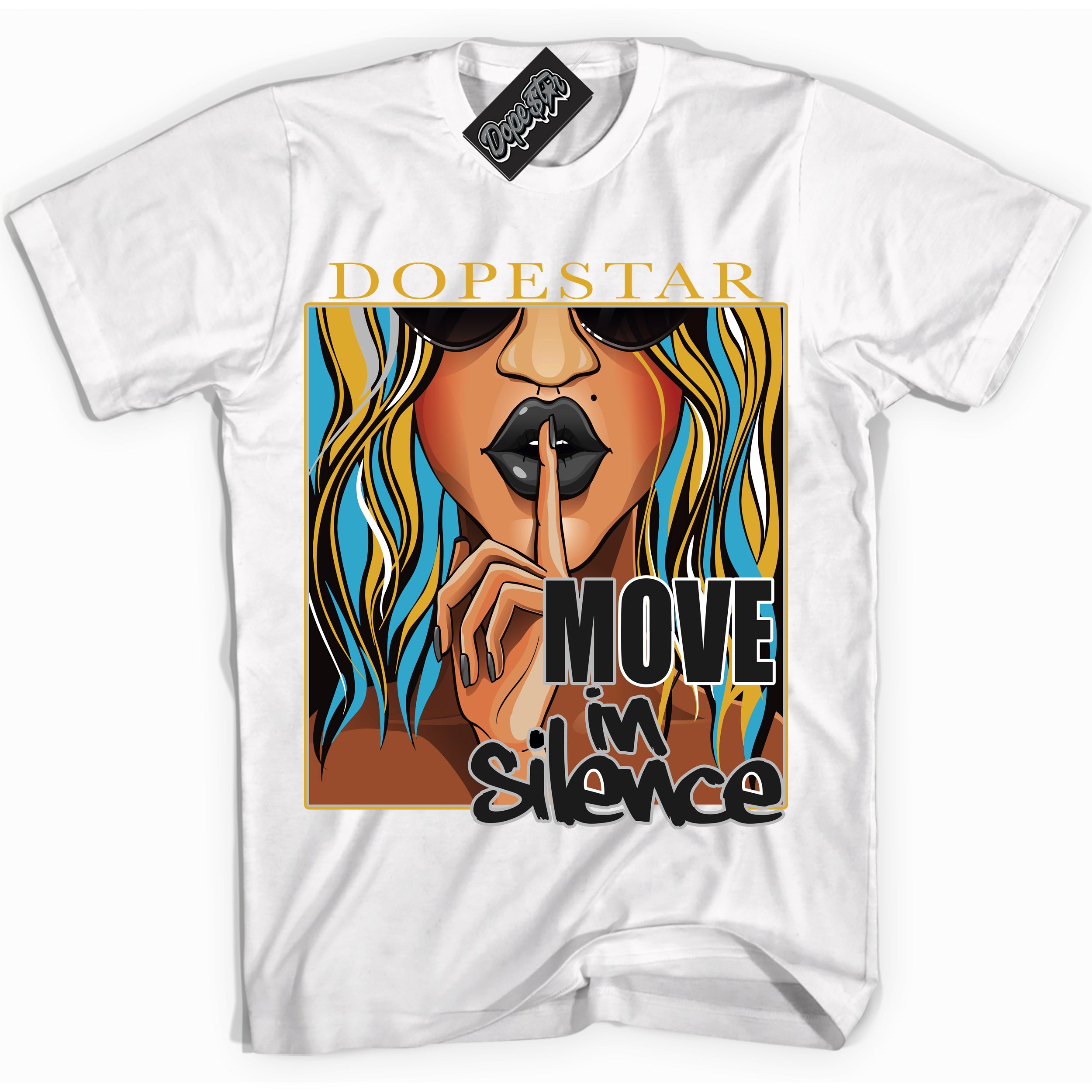 Cool White graphic tee with “ Move In Silence ” print, that perfectly matches AQUA 5s sneakers 