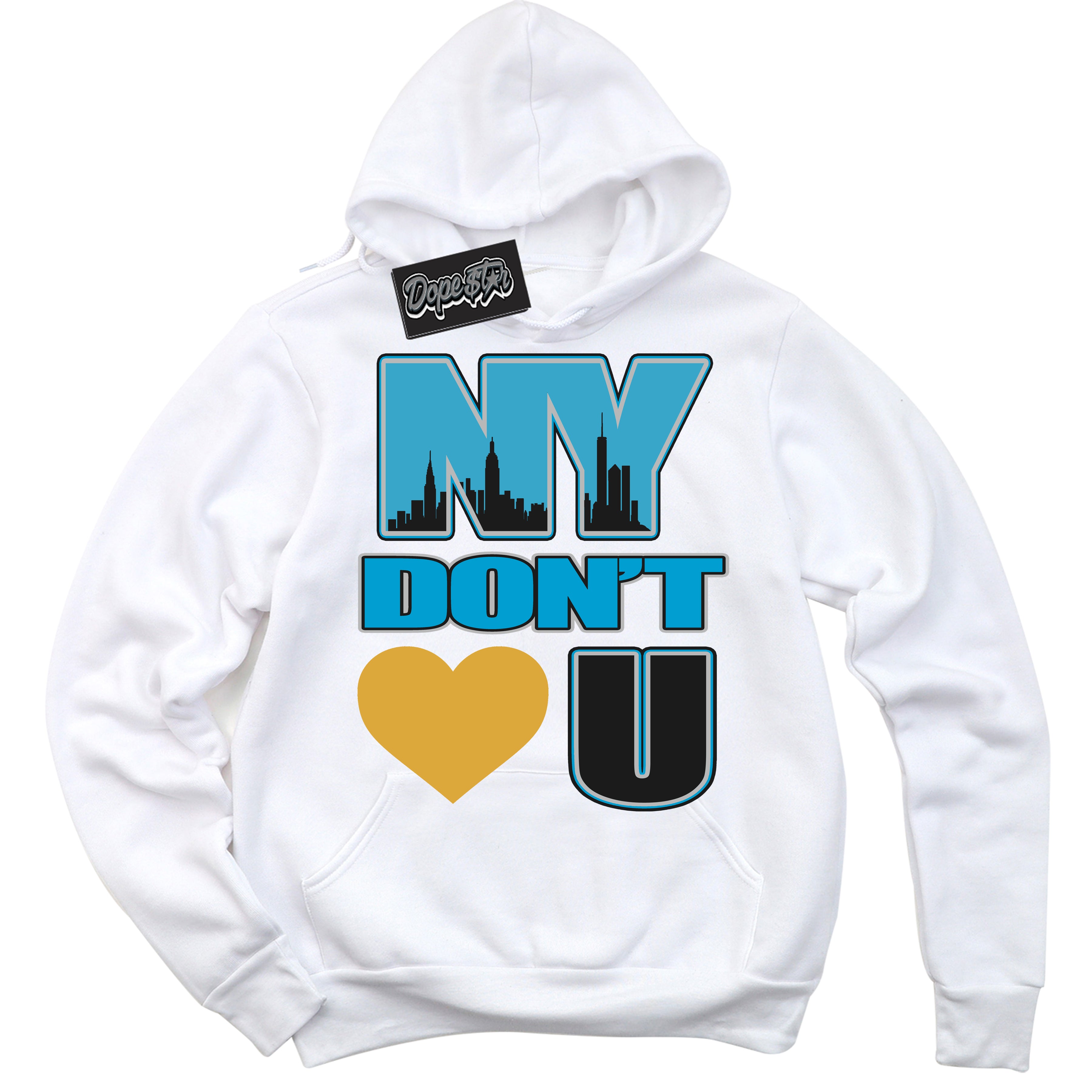 Cool White Hoodie with “ NY Don't Love You ”  design that Perfectly Matches Aqua 5s Sneakers.