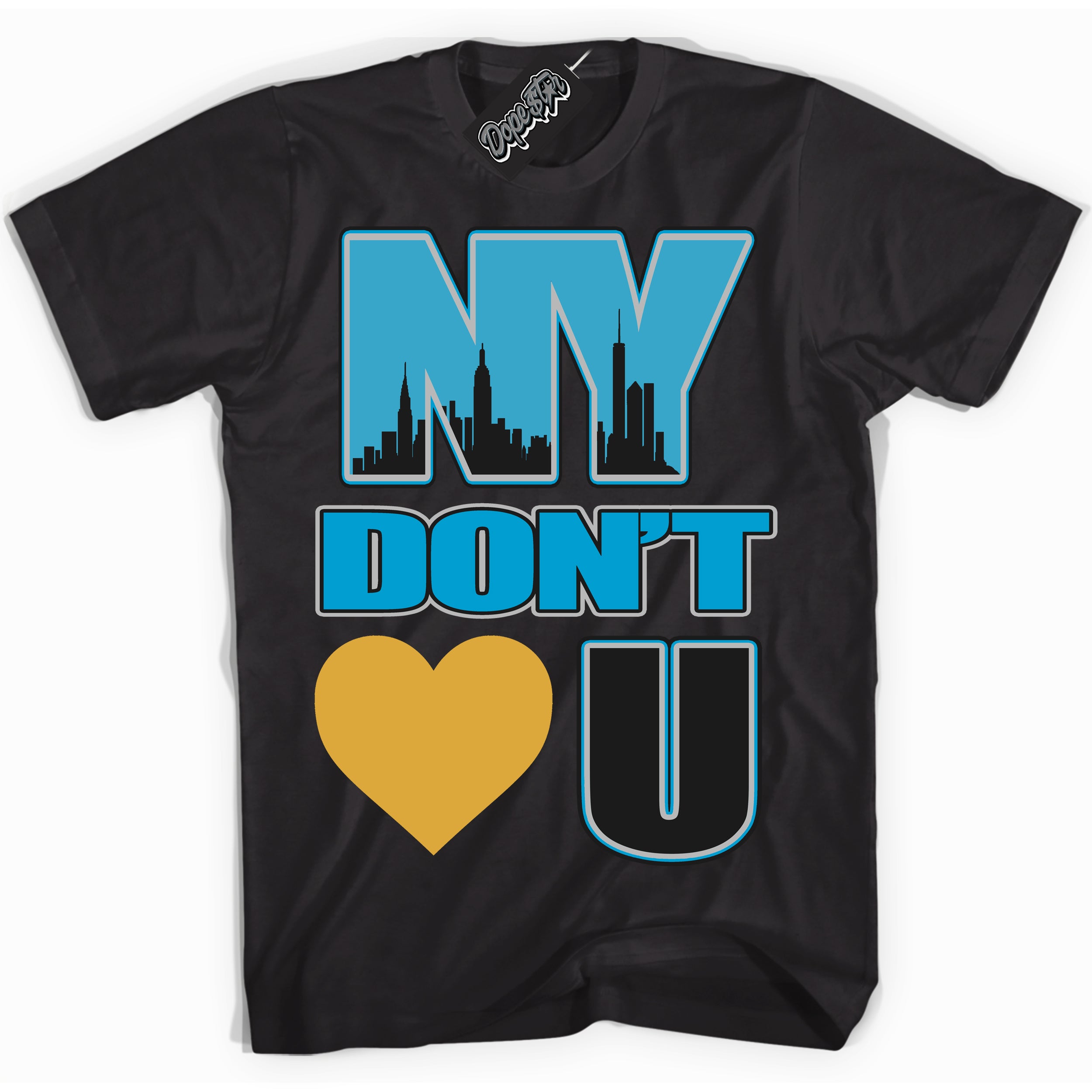 Cool Black Shirt with “ NY Don't Love You” design that perfectly matches Aqua 5s Sneakers.
