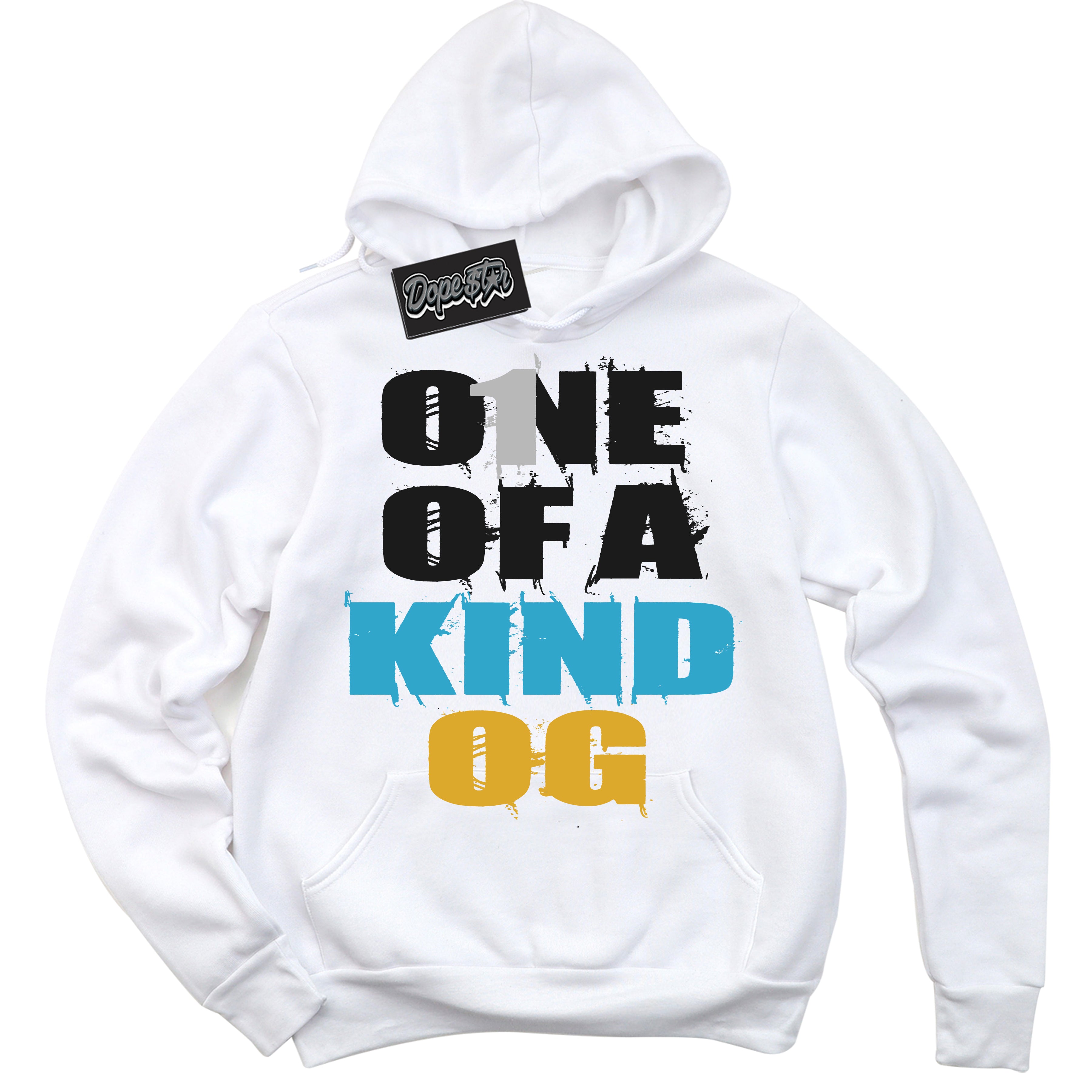 Cool White Hoodie with “ One Of A Kind ”  design that Perfectly Matches Aqua 5s Sneakers.