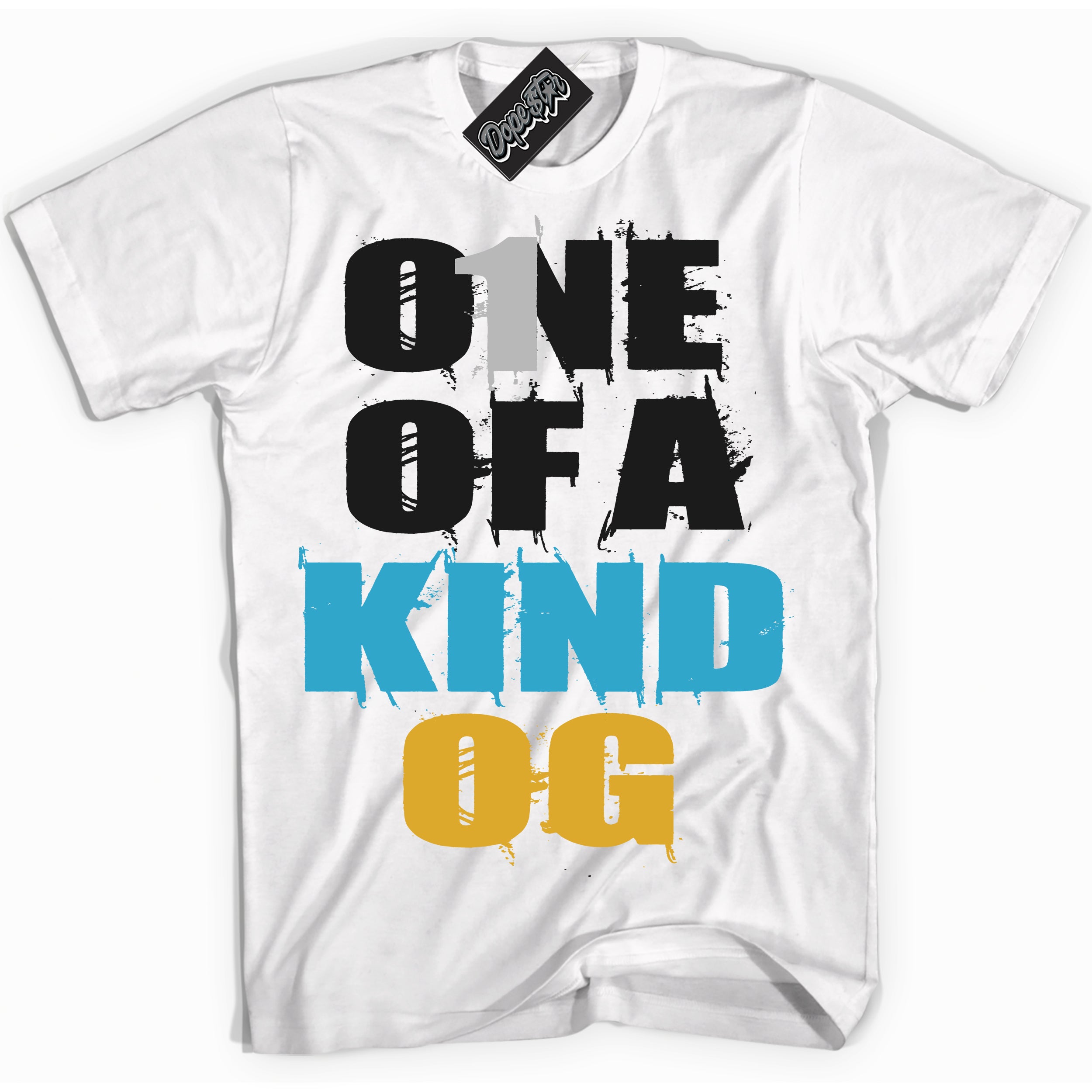 Cool White Shirt with “ One Of A Kind” design that perfectly matches Aqua 5s Sneakers.