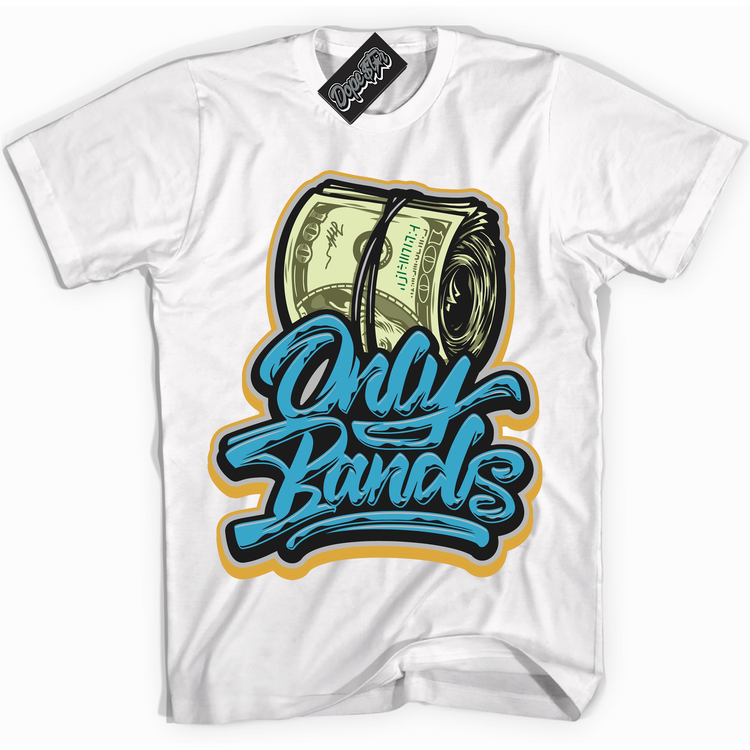 Cool White Shirt with “ Only Bands” design that perfectly matches Aqua 5s Sneakers.