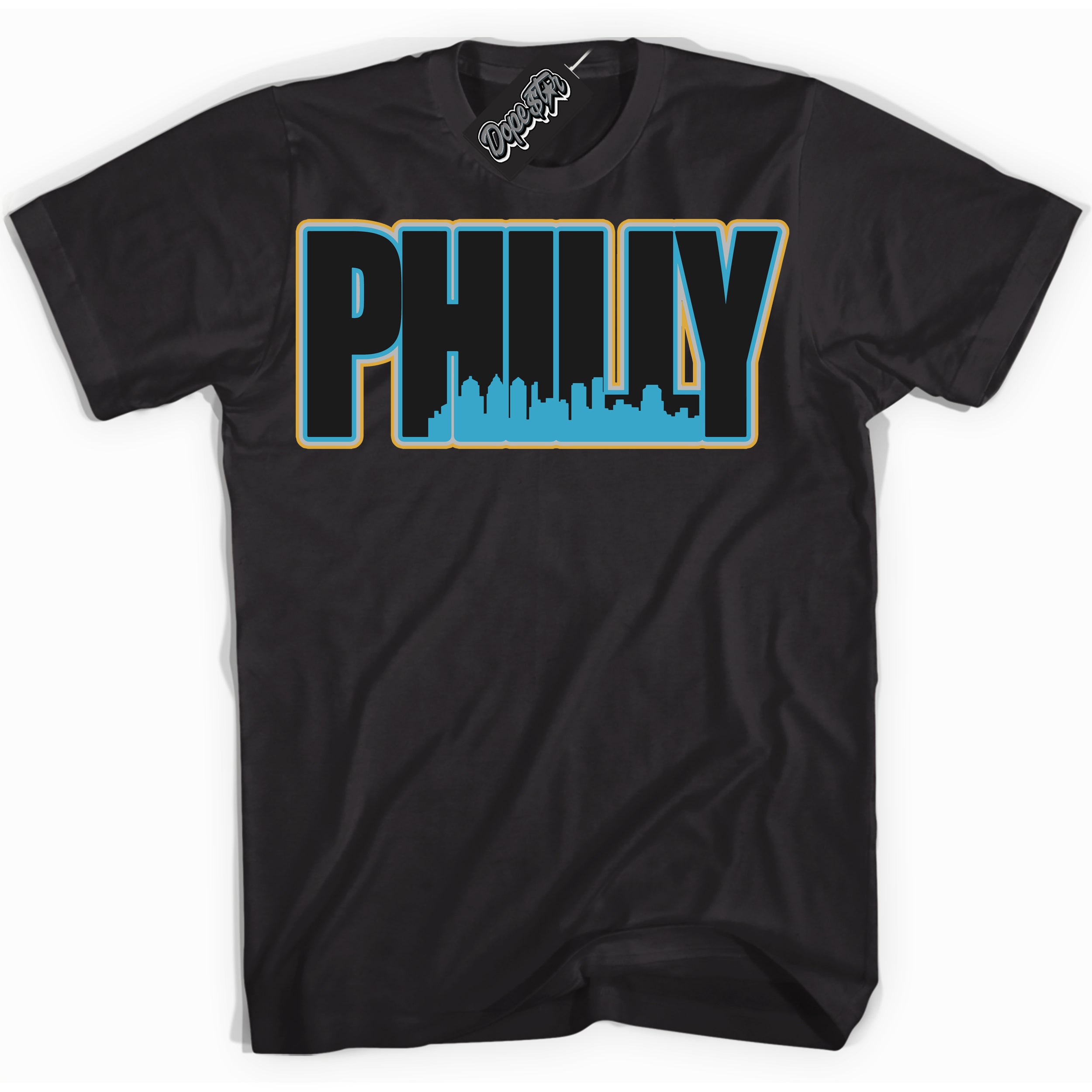 Cool Black Shirt with “ Philly” design that perfectly matches Aqua 5s Sneakers.