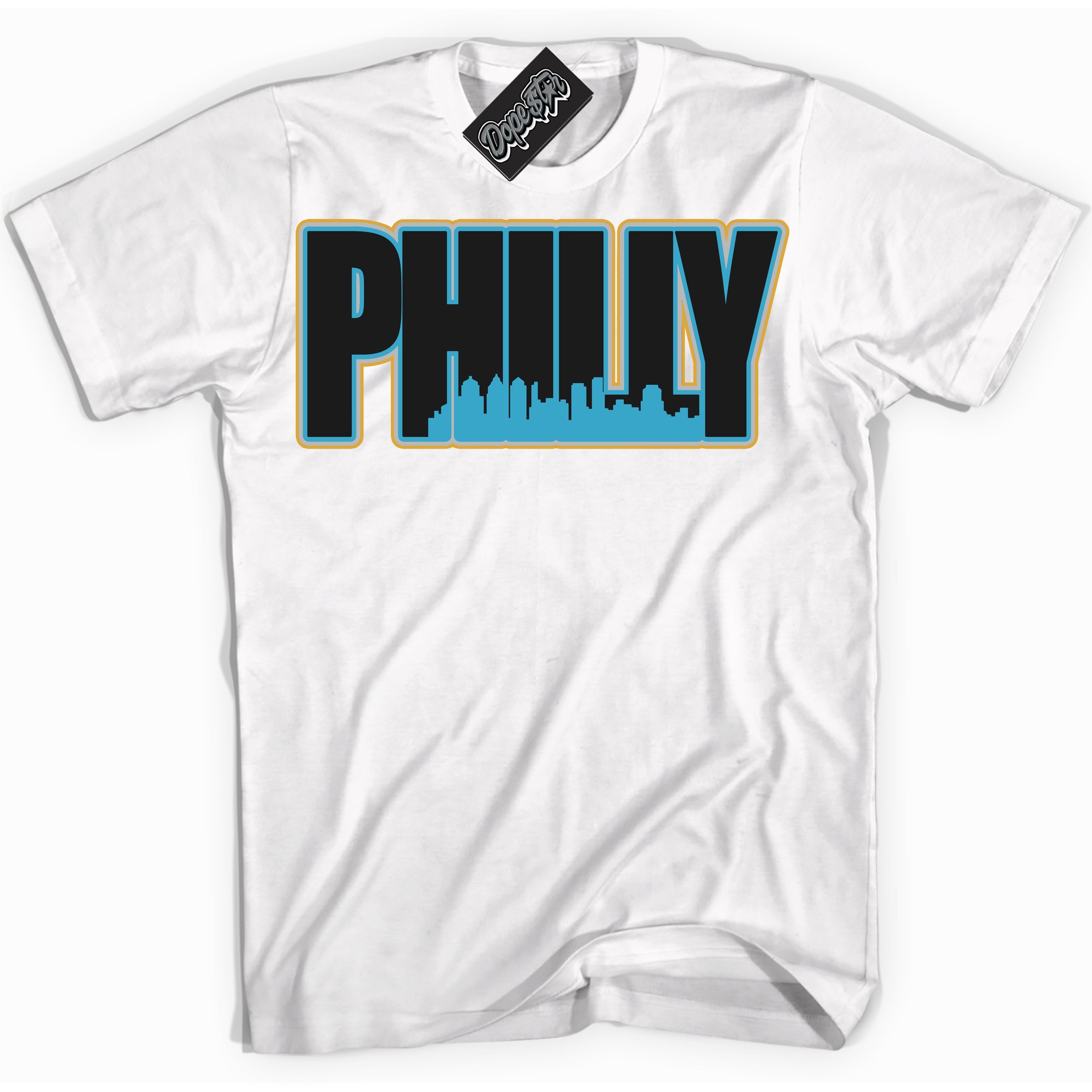 Cool White Shirt with “ Philly” design that perfectly matches Aqua 5s Sneakers.