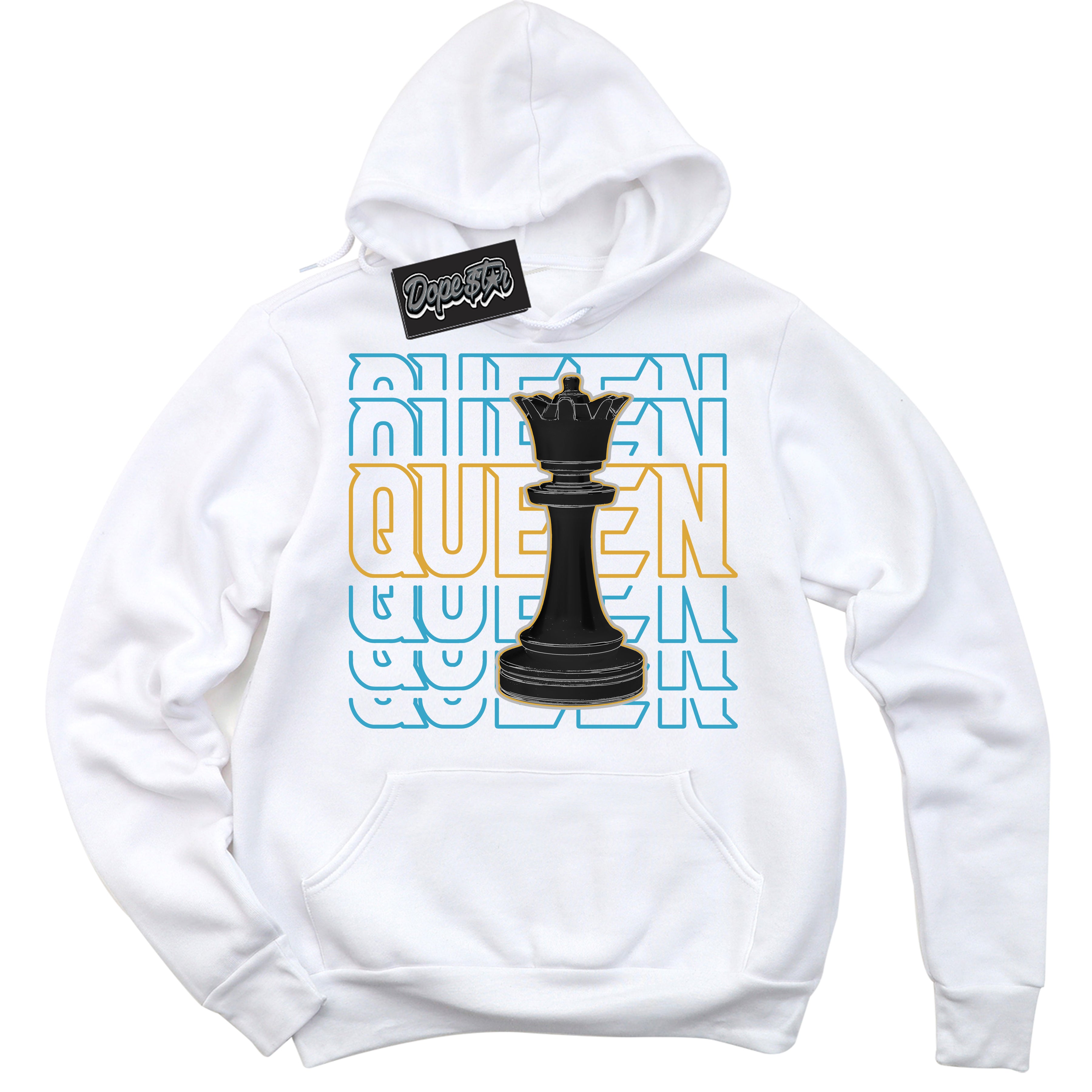 Cool White Hoodie with “ Queen Chess ”  design that Perfectly Matches Aqua 5s Sneakers.