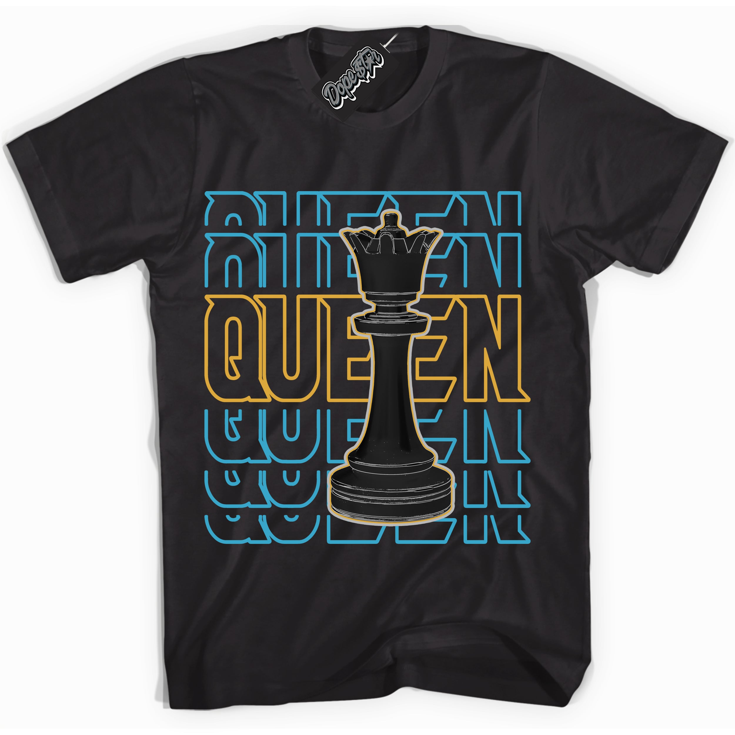 Cool Black Shirt with “ Queen Chess” design that perfectly matches Aqua 5s Sneakers.