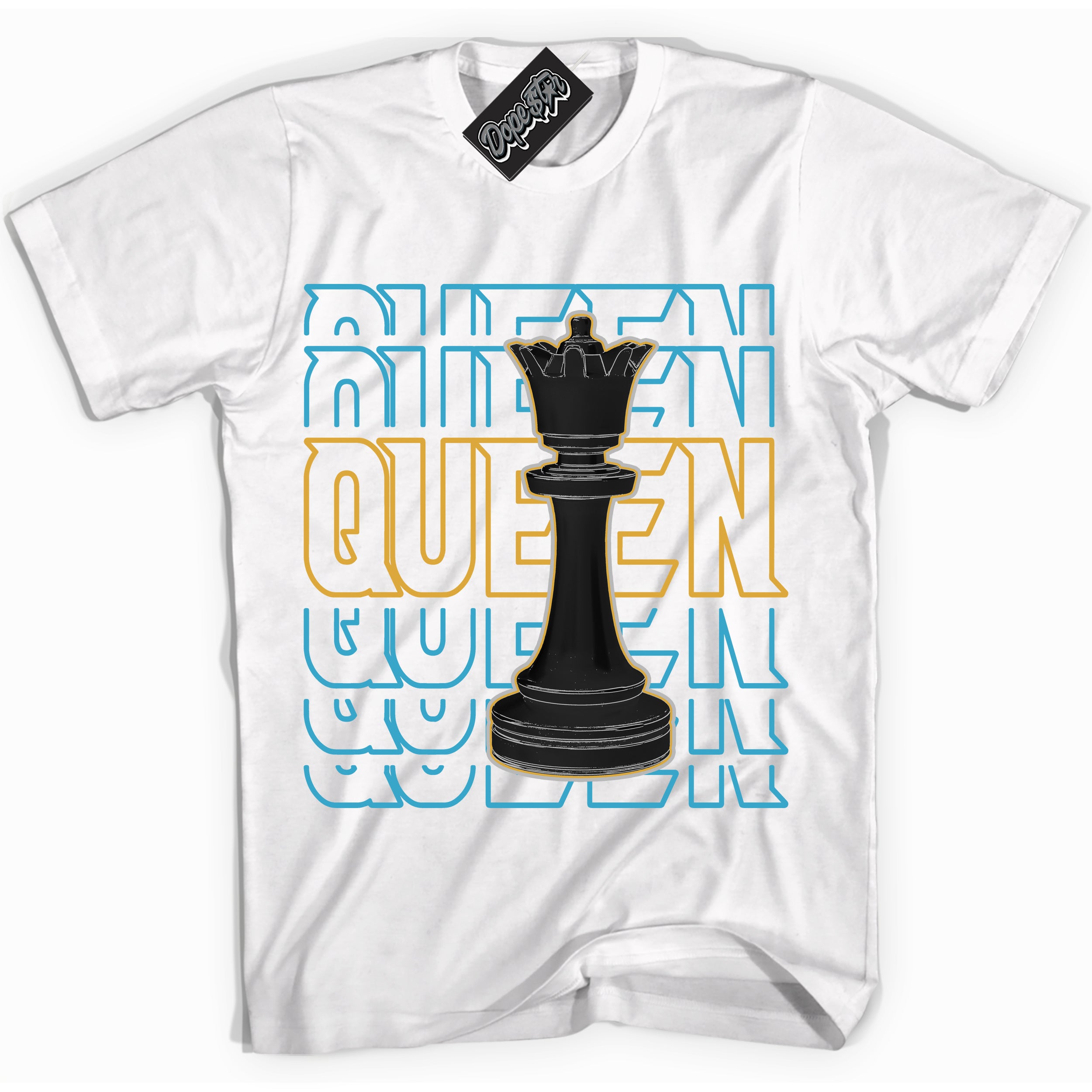 Cool White Shirt with “ Queen Chess” design that perfectly matches Aqua 5s Sneakers.