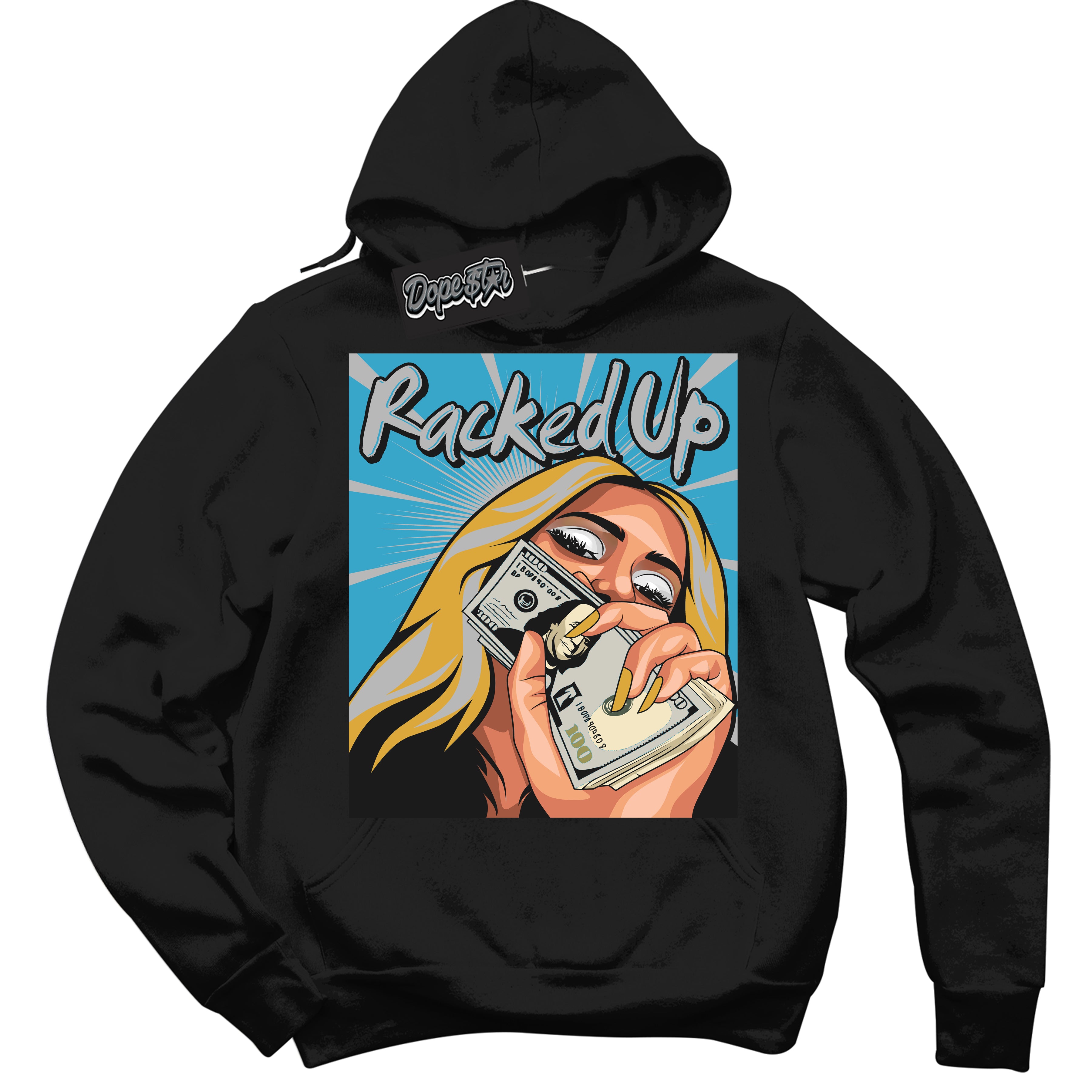 Cool Black Hoodie with “ Racked Up ”  design that Perfectly Matches Aqua 5s Sneakers.