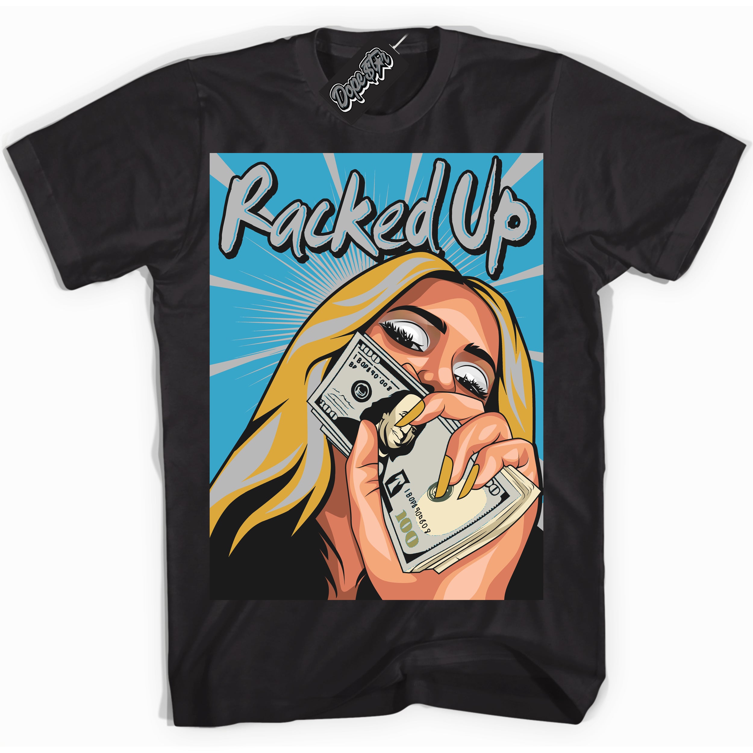 Cool Black Shirt with “ Racked Up” design that perfectly matches Aqua 5s Sneakers.