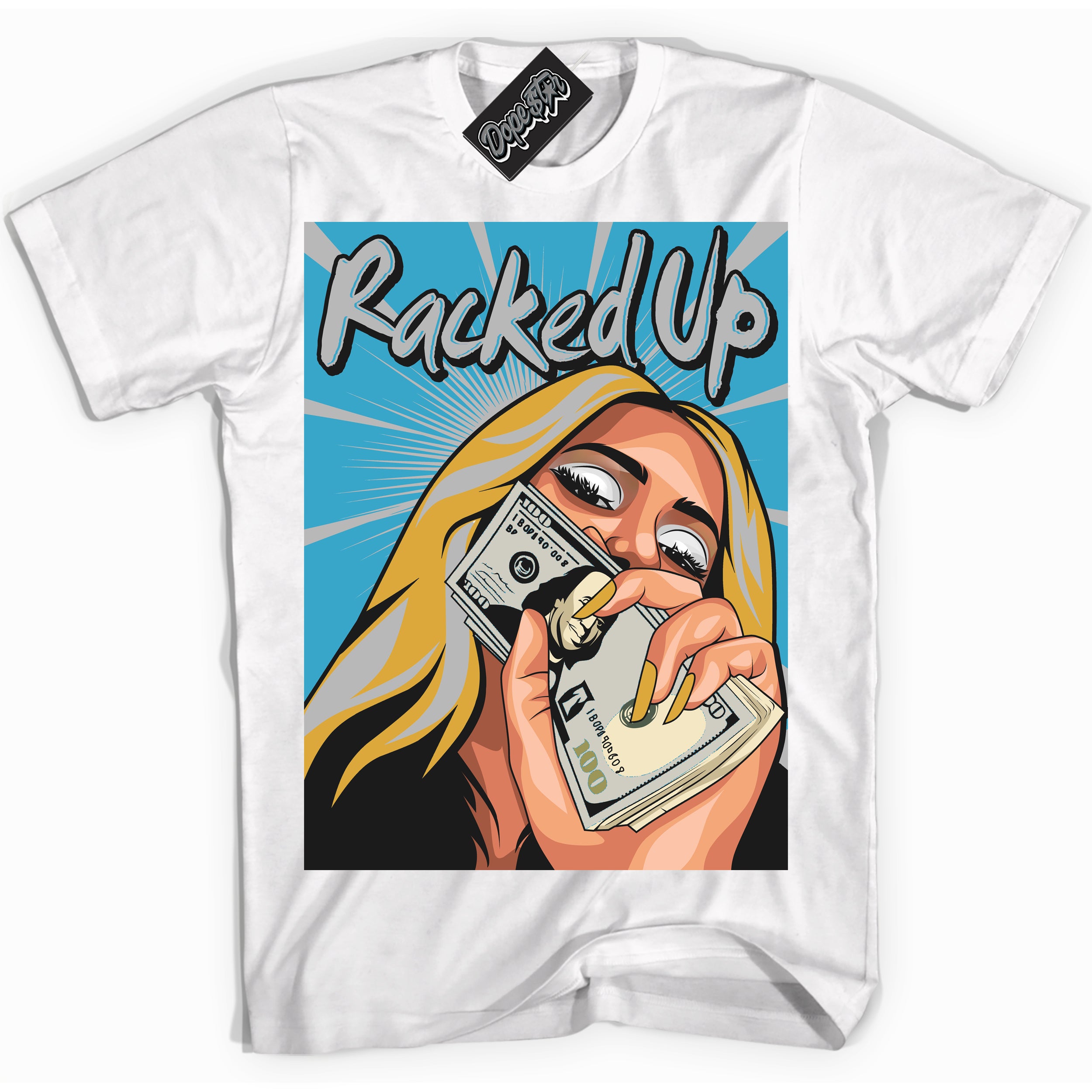 Cool White Shirt with “ Racked Up” design that perfectly matches Aqua 5s Sneakers.