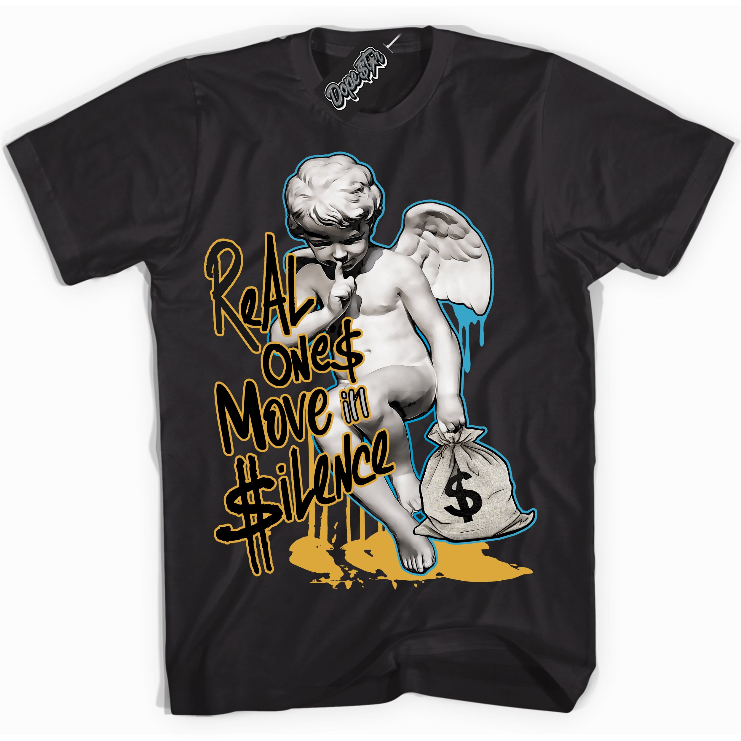 Cool Black Shirt with “ Real Ones Cherub” design that perfectly matches Aqua 5s Sneakers.