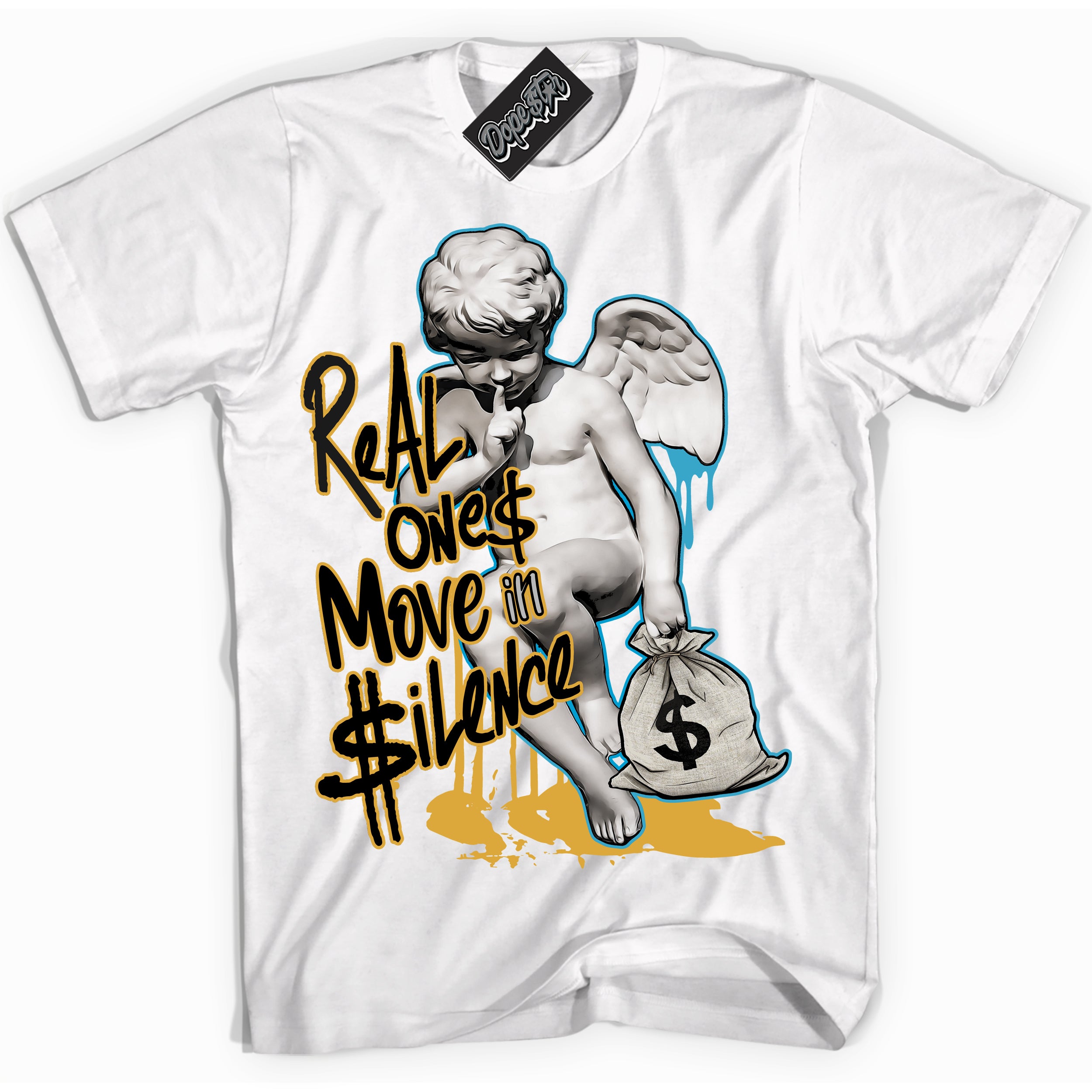 Cool White Shirt with “ Real Ones Cherub” design that perfectly matches Aqua 5s Sneakers.