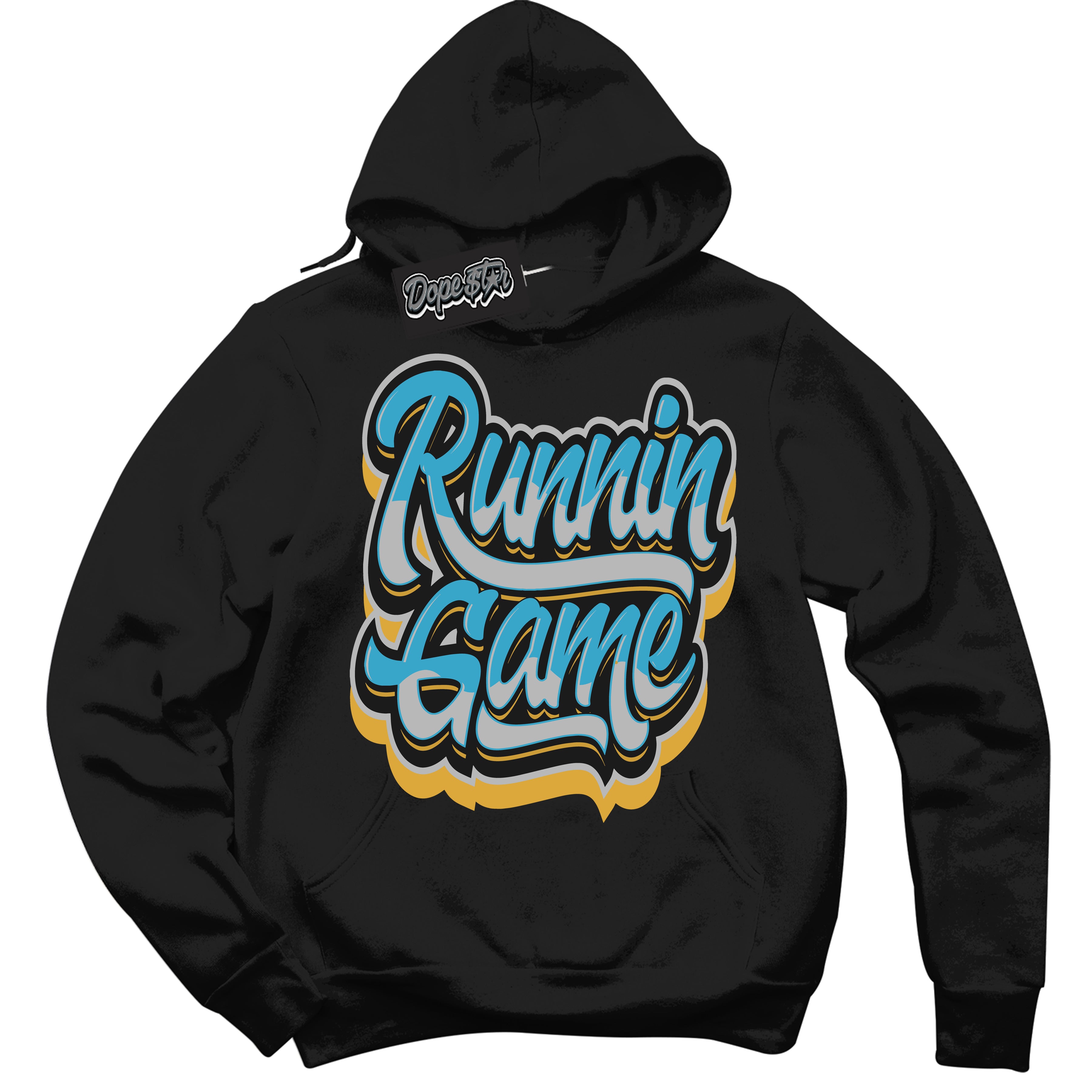 Cool Black Hoodie with “ Running Game ”  design that Perfectly Matches Aqua 5s Sneakers.