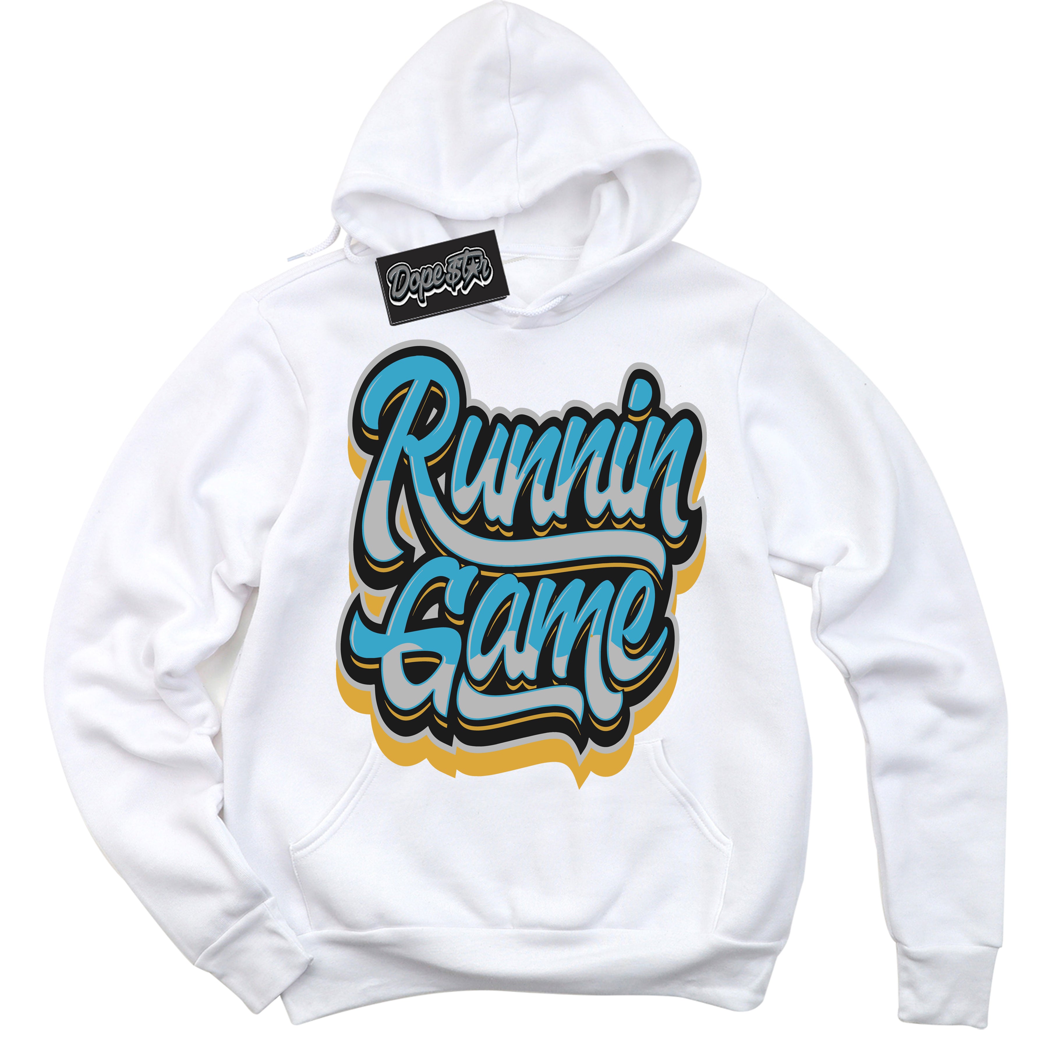 Cool White Hoodie with “ Running Game ”  design that Perfectly Matches Aqua 5s Sneakers.