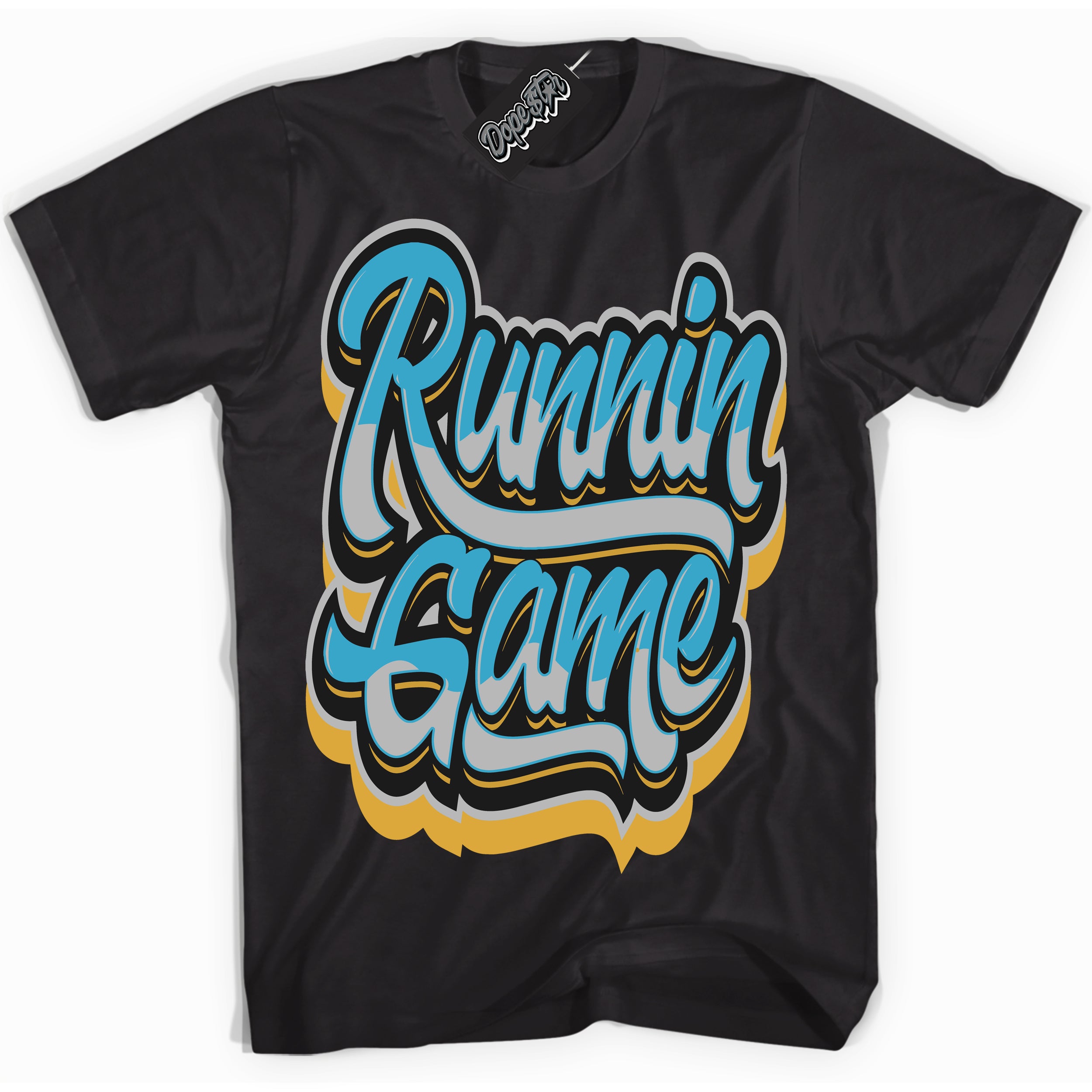 Cool Black Shirt with “ Running Game” design that perfectly matches Aqua 5s Sneakers.