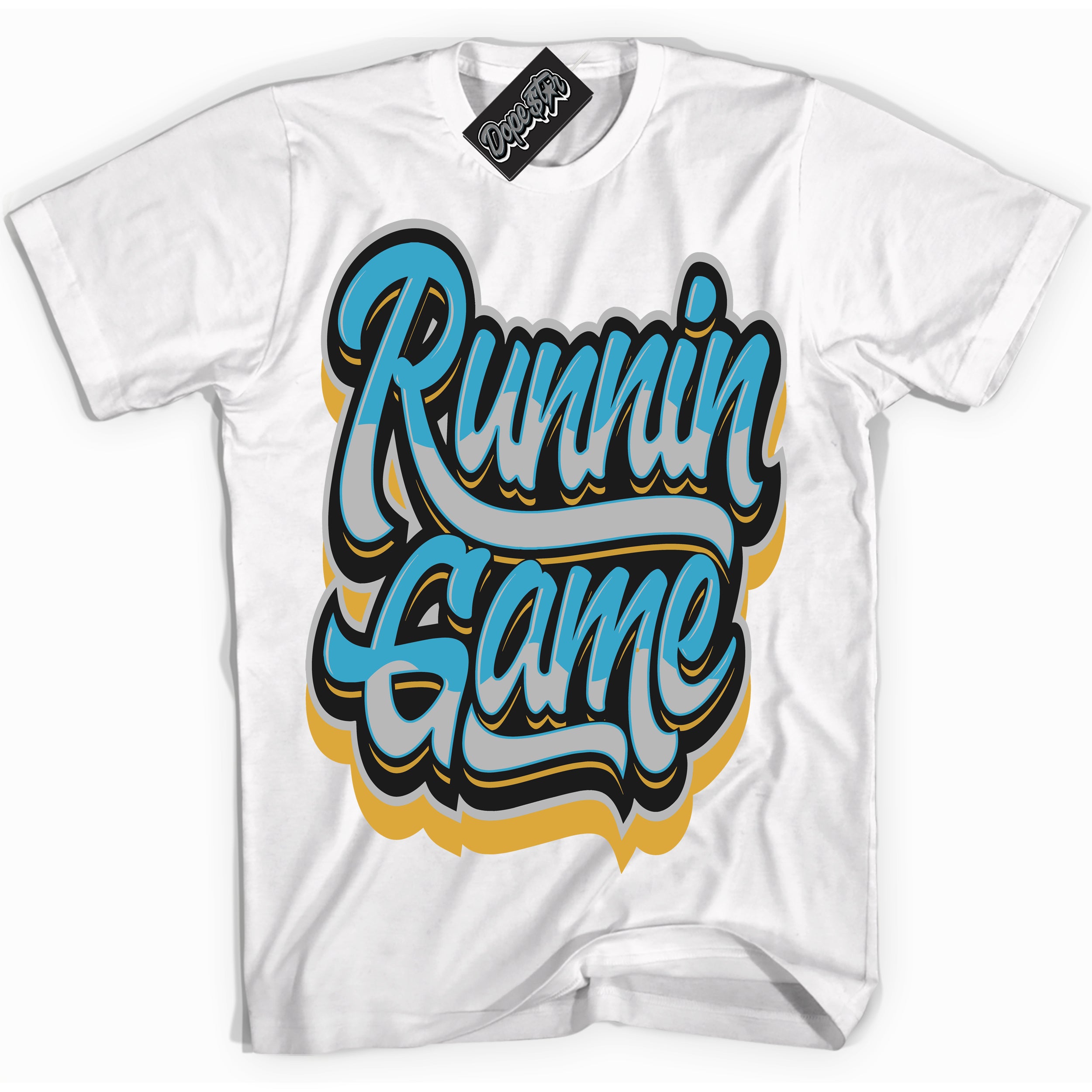 Cool White Shirt with “ Running Game” design that perfectly matches Aqua 5s Sneakers.