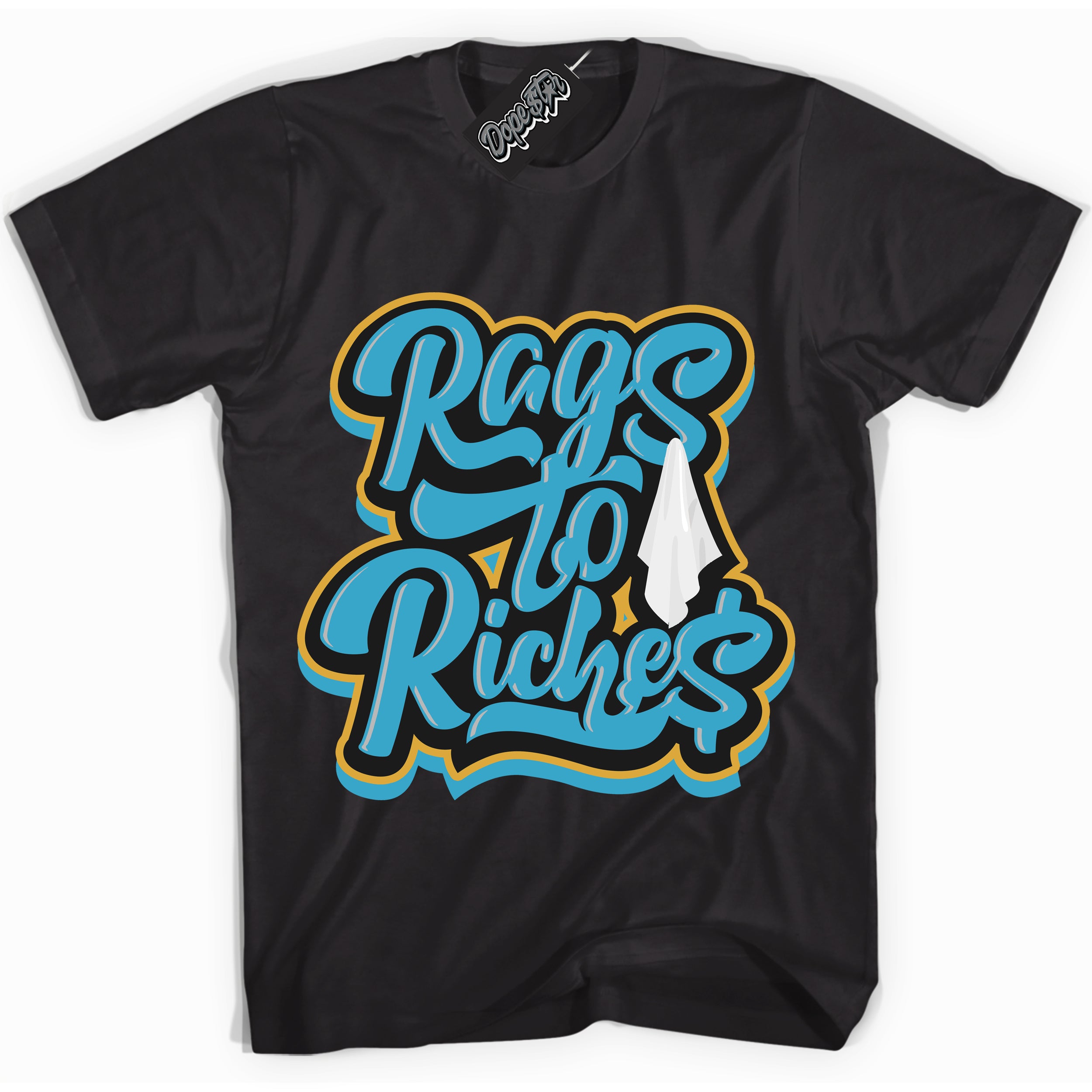 Cool Black Shirt with “ Rags To Riches” design that perfectly matches Aqua 5s Sneakers.