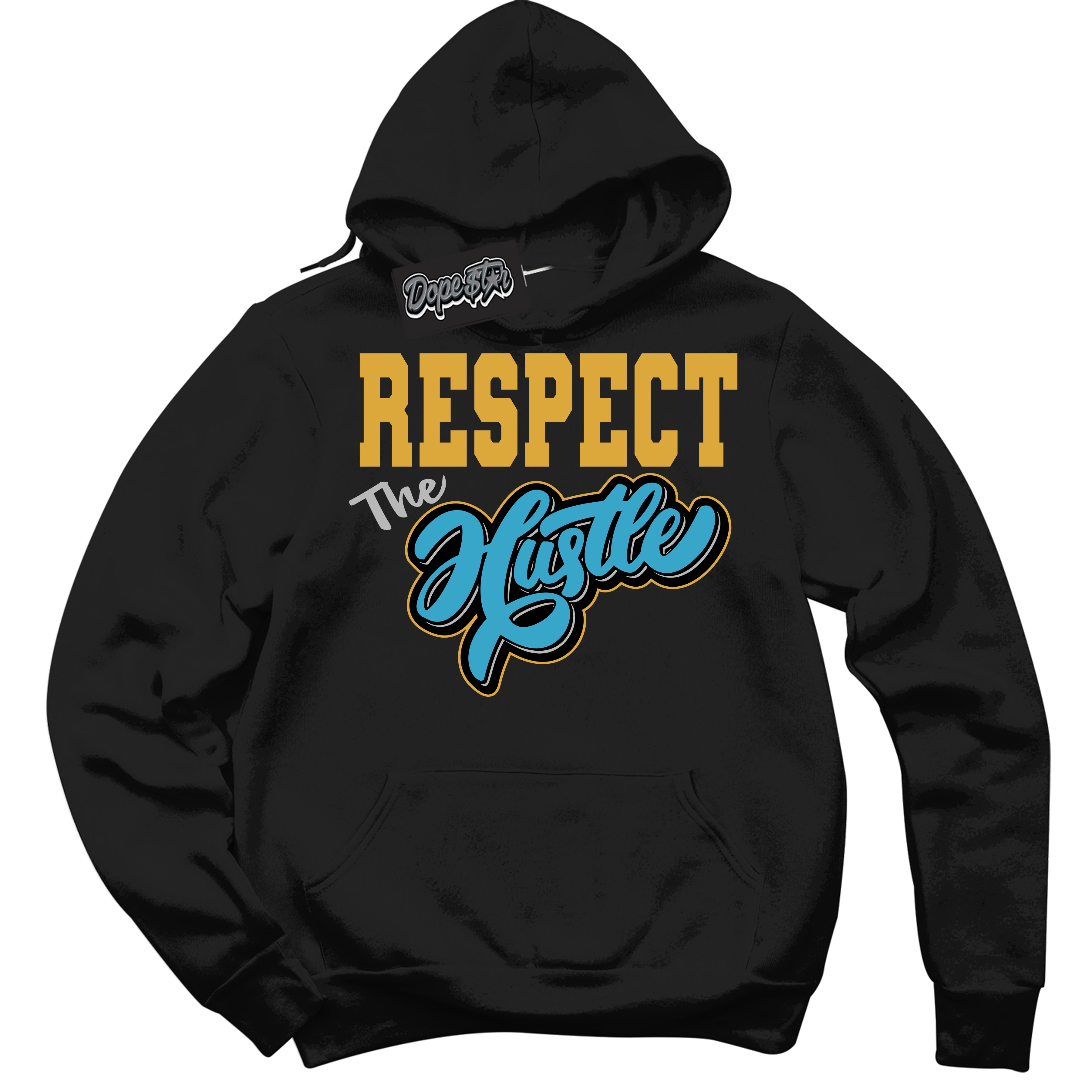 Cool Black Hoodie with “ Respect The Hustle ”  design that Perfectly Matches Aqua 5s Sneakers.