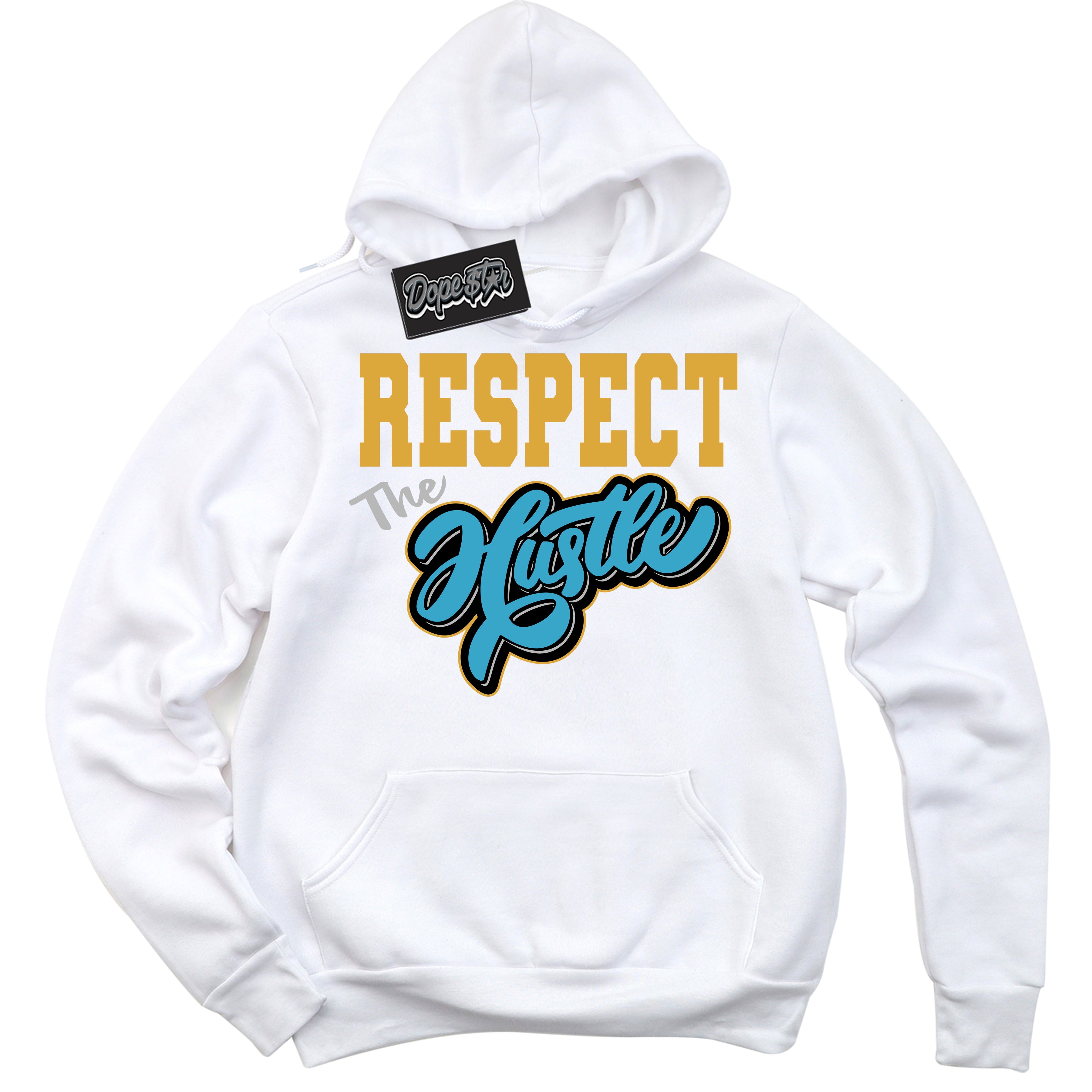 Cool White Hoodie with “ Respect The Hustle ”  design that Perfectly Matches Aqua 5s Sneakers.