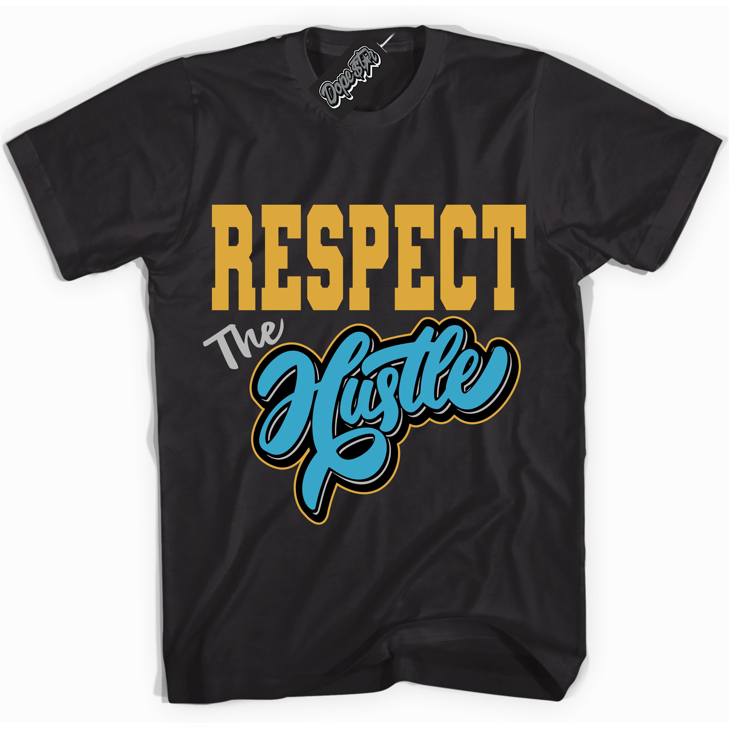 Cool Black Shirt with “ Respect The Hustle” design that perfectly matches Aqua 5s Sneakers.