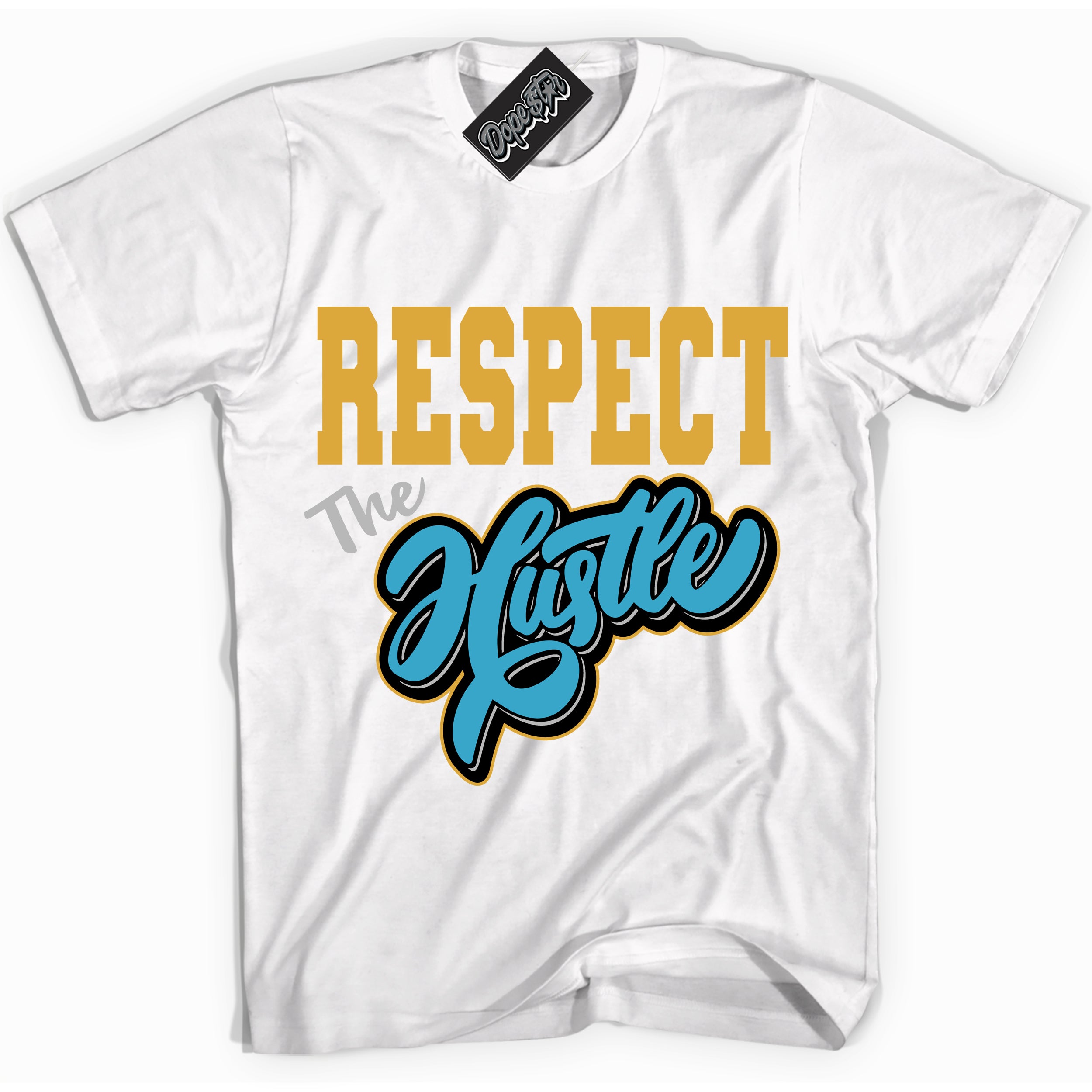 Cool White Shirt with “ Respect The Hustle” design that perfectly matches Aqua 5s Sneakers.